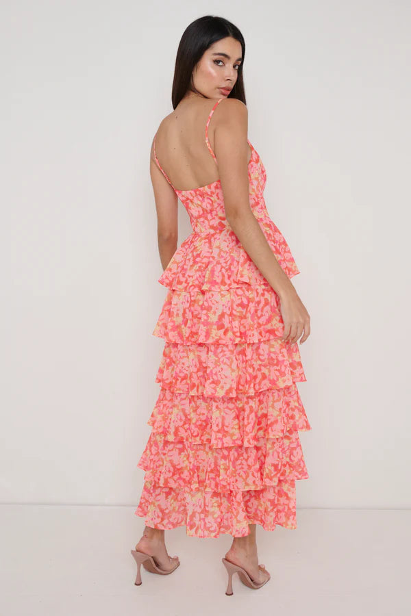 LISSY Ruffle Midi Dress for Women - Floral Print, Orange & Pink, Summer Casual & Party Wear - Perfect for Beach, Vacation, and Date Nights