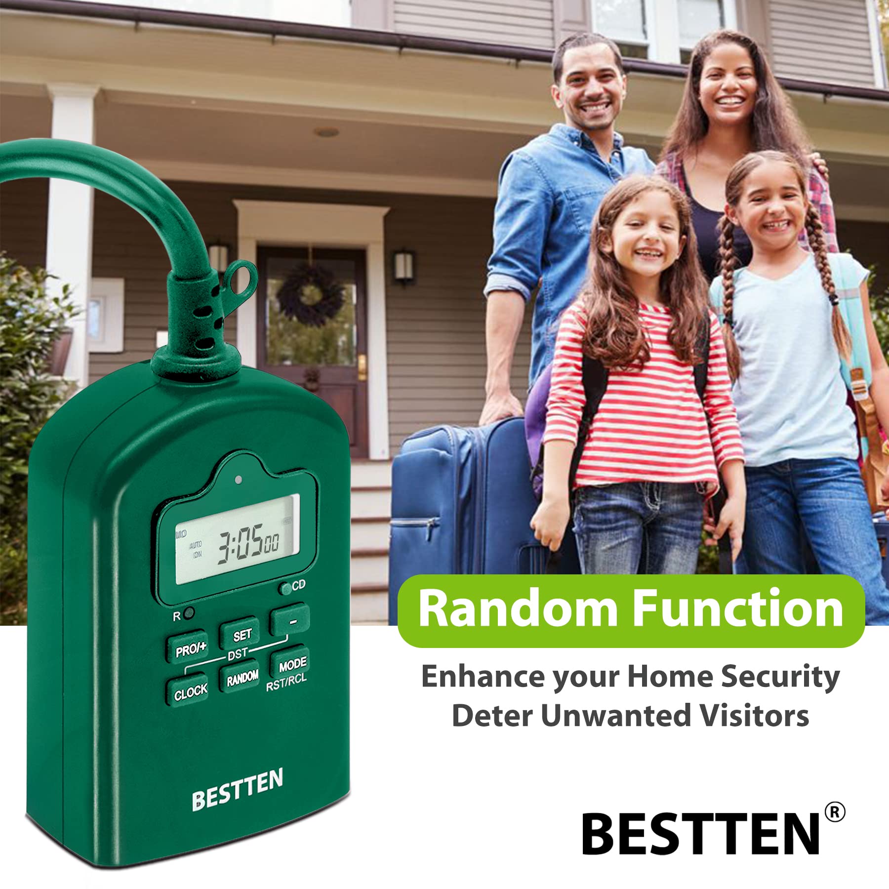BESTTEN 7-Day Outdoor Digital Programmable Timer with Clock - Dual Grounded Outlets, Weatherproof, ETL Certified - Perfect for Garden Lights, Holiday Decorations & Pool Equipment