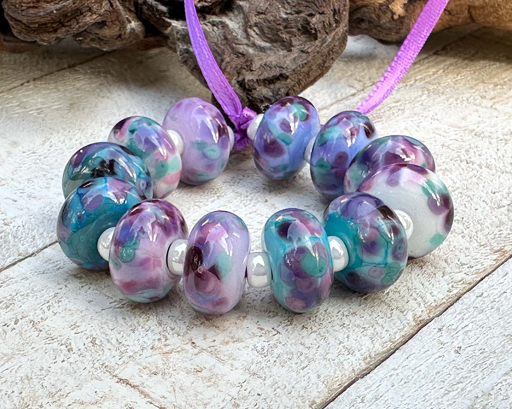 12 Wisteria Purple Mosaic Lampwork Glass Beads Set for Jewelry Making - DIY Bracelet, Necklace & Craft Projects - SRA Certified