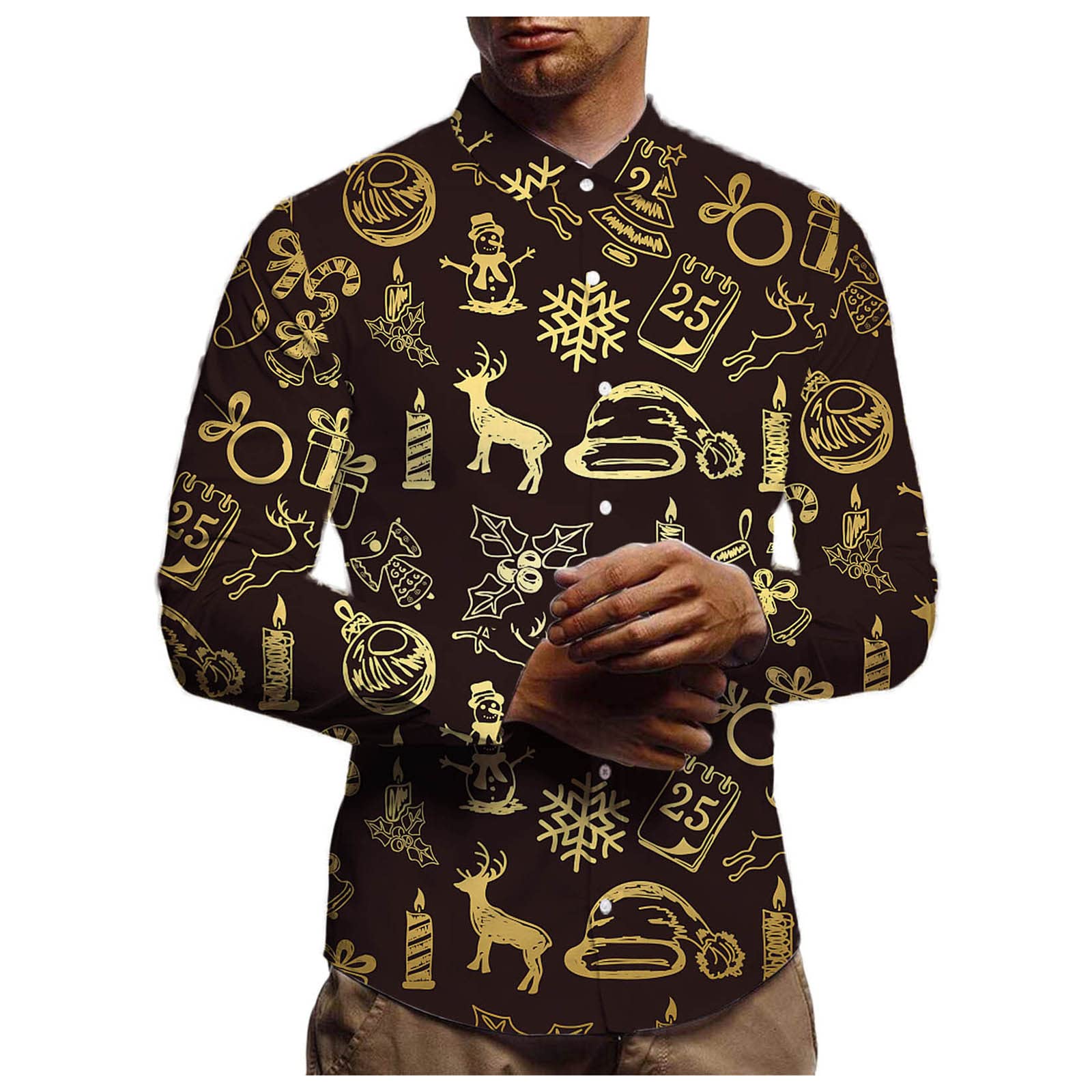 BEUU Men's Ugly Christmas Shirts - Santa Claus & Reindeer Print Long Sleeve Button Down Shirt for Holiday Parties | Funny Xmas Costume & Festive Office Attire | Perfect for Secret Santa Gifts & Family Gatherings
