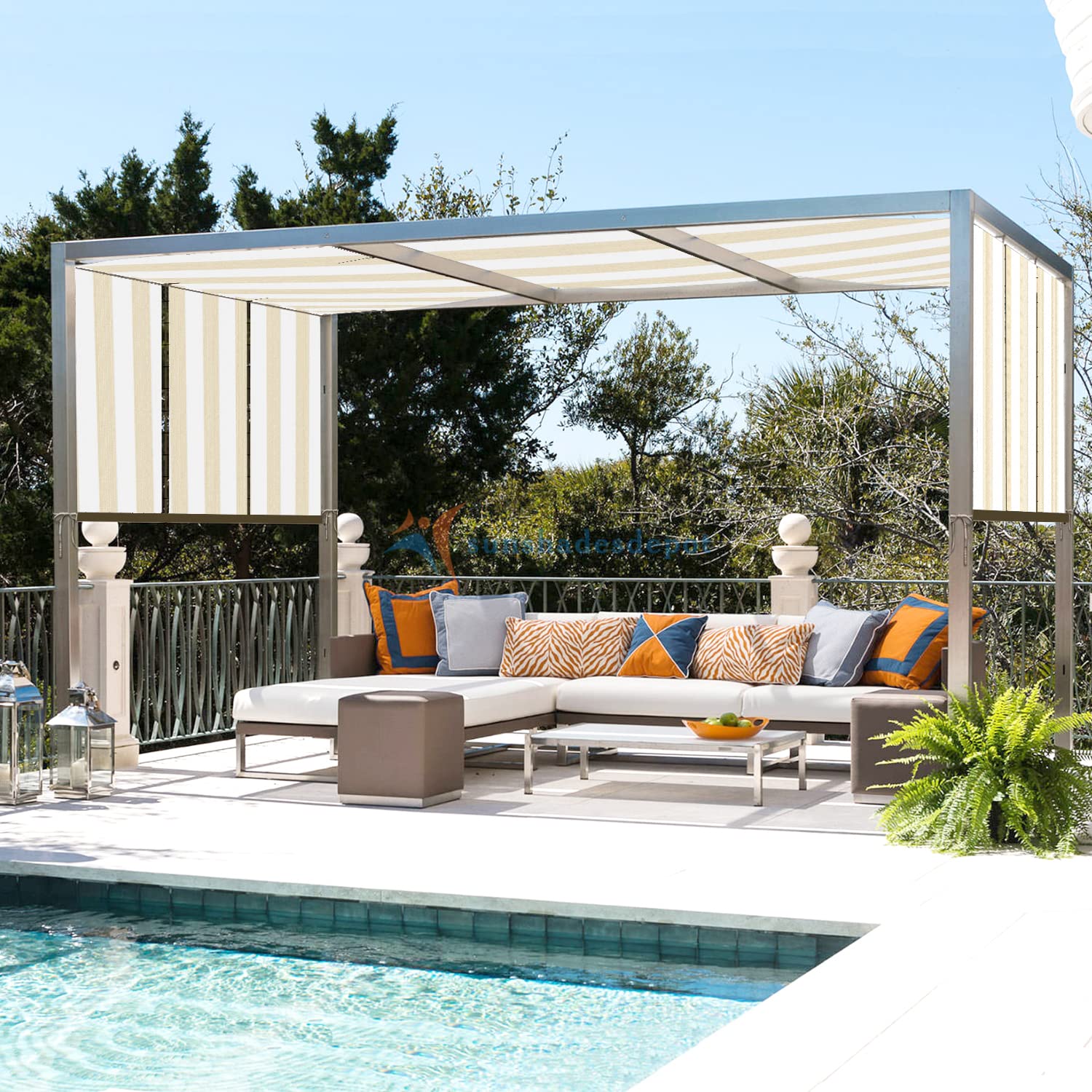 TANG Sunshades Depot 13'x16' Rectangle UV Blocking Sun Shade Sail - 180GSM White with Beige Stripes - Outdoor Patio, Deck, Dock, Carport, Driveway, Pergola Cover - Perfect for Backyard Shade and Sun Protection