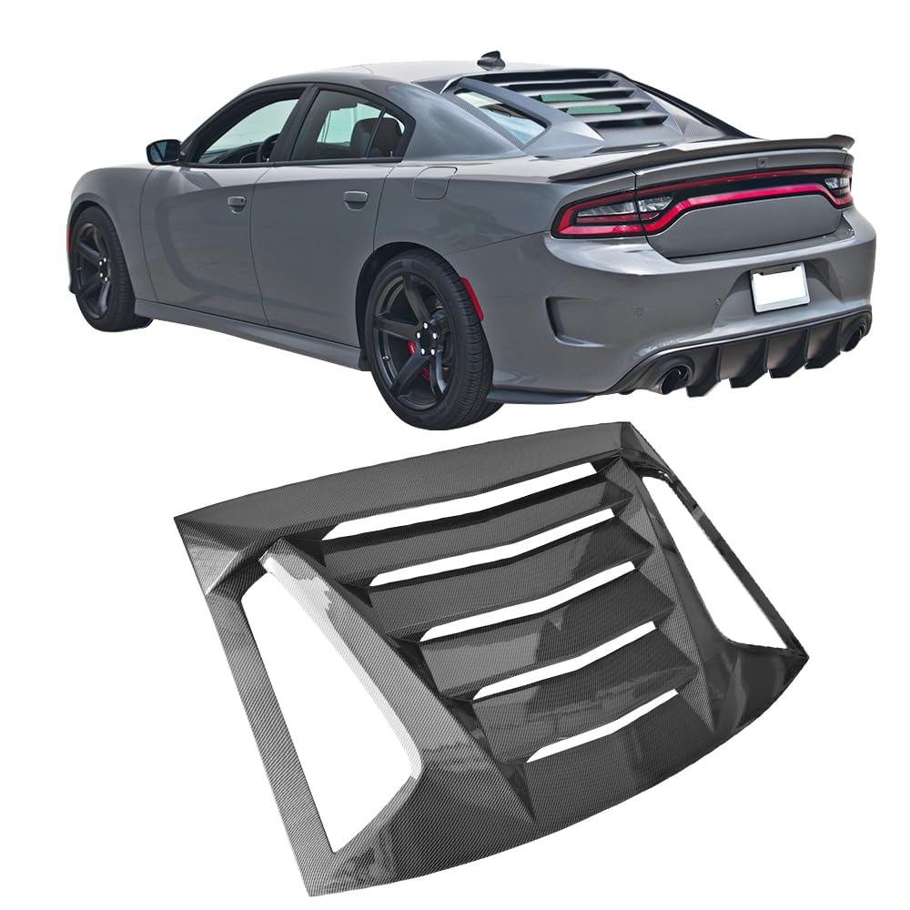 IKON MOTORSPORTS Rear Window Louver for 2011-2023 Dodge Charger | Carbon Fiber Print Sun Shade & Windshield Scoop | Perfect for Car Shows, Racing & Summer Sun Protection