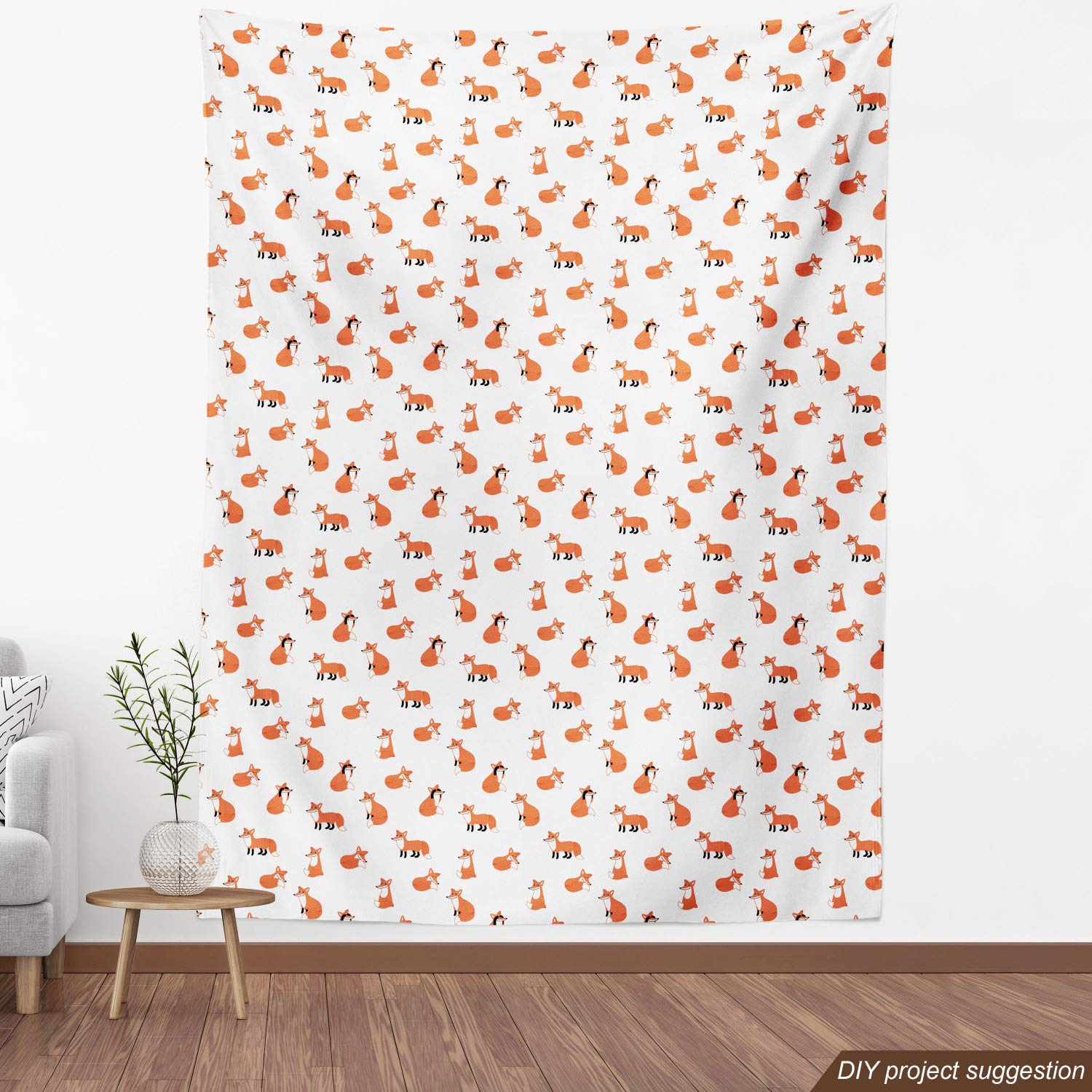 Ambesonne Fox Fabric by The Yard - Hand Drawn Funny Fox Playing Peekaboo Cartoon Animal Print - Decorative Upholstery Fabric for Sofa, Curtains & Home Decor - 10 Yards Orange White - Perfect for DIY Projects, Nursery Decor & Cozy Home Accents