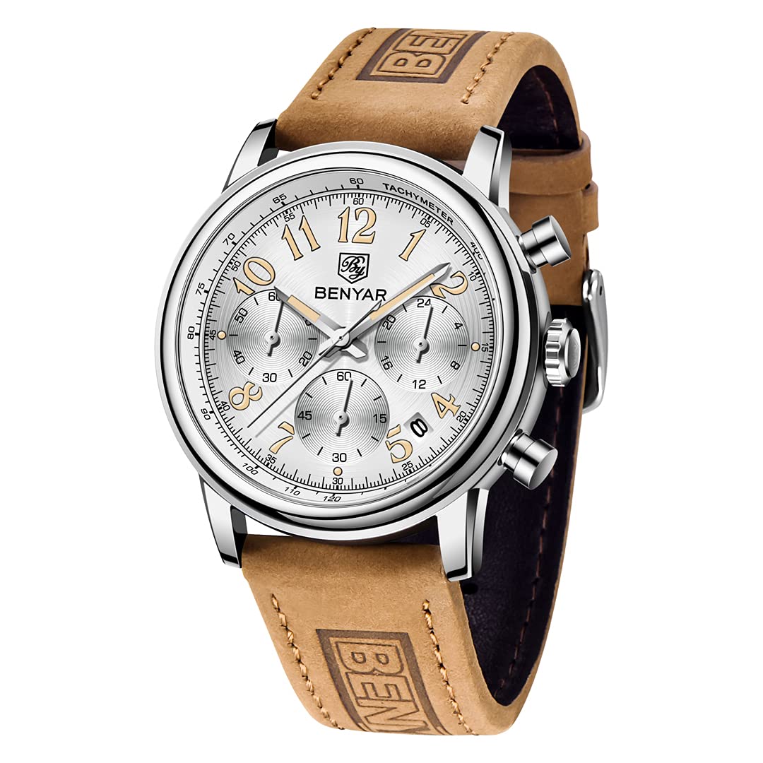 BENYAR Men's Chronograph Leather Strap Date Analog Quartz Watch - Stylish Business Wristwatch for Professionals & Formal Occasions
