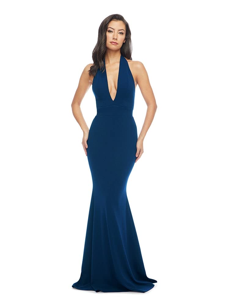 Dress the Population Women's Camden Deep V-Neck Halter Bodycon Maxi Dress for Evening Parties & Special Occasions