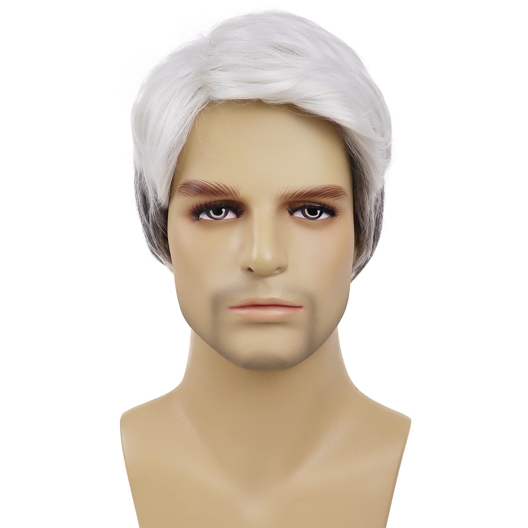 GNIMEGIL Short White Wigs for Men - Ombre Silver Blonde Synthetic Wig with Side Part - Natural Looking Senior Costume Hair for Cosplay, Halloween & Theater Performances