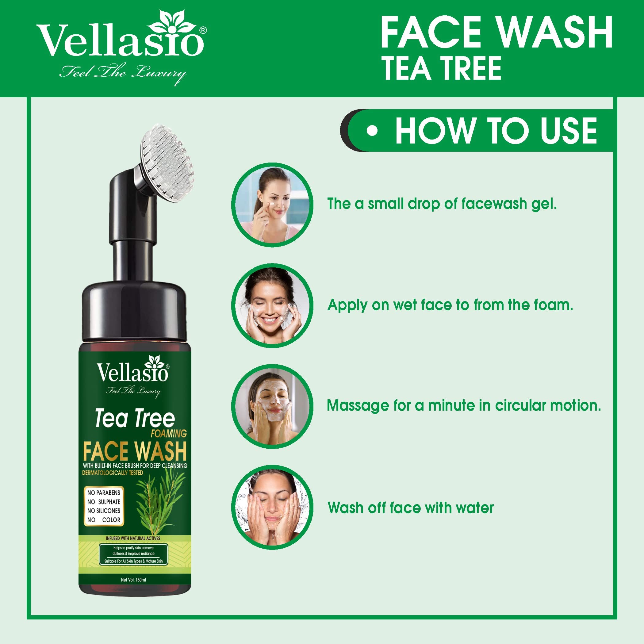 VELLASIO Tea Tree Foaming Face Wash 150ml - Deep Cleansing for Acne & Oily Skin - Daily Skincare Routine for Men & Women