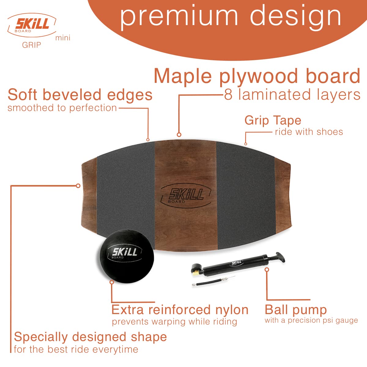 The Skill Board - Premium Wooden Balance Board for Adults - Wobble Board for Fitness, Yoga, Surf Training & Standing Desk Work - Includes Exercise Ball, Pump & Non-Slip Grip Tape - Perfect for Home Gym, Office & Outdoor Activities