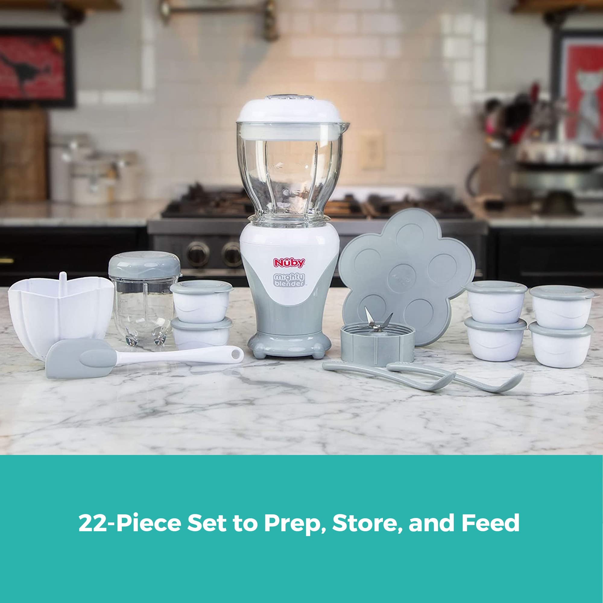Nuby Mighty Blender with Cookbook - 22-Piece Baby Food Maker Set for Different Weaning Stages - Cool Gray Design - Perfect for Homemade Purees, Smoothies & Healthy Baby Meals