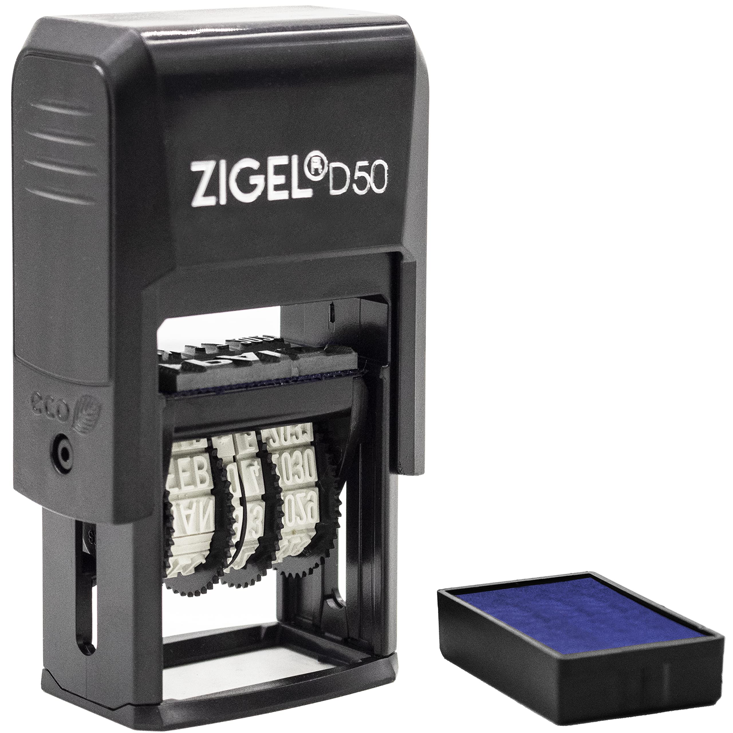 ZIGEL D50 Self-Inking Date Stamp with Adjustable Date - Blue Ink - Perfect for Office, Shipping, and Document Organization