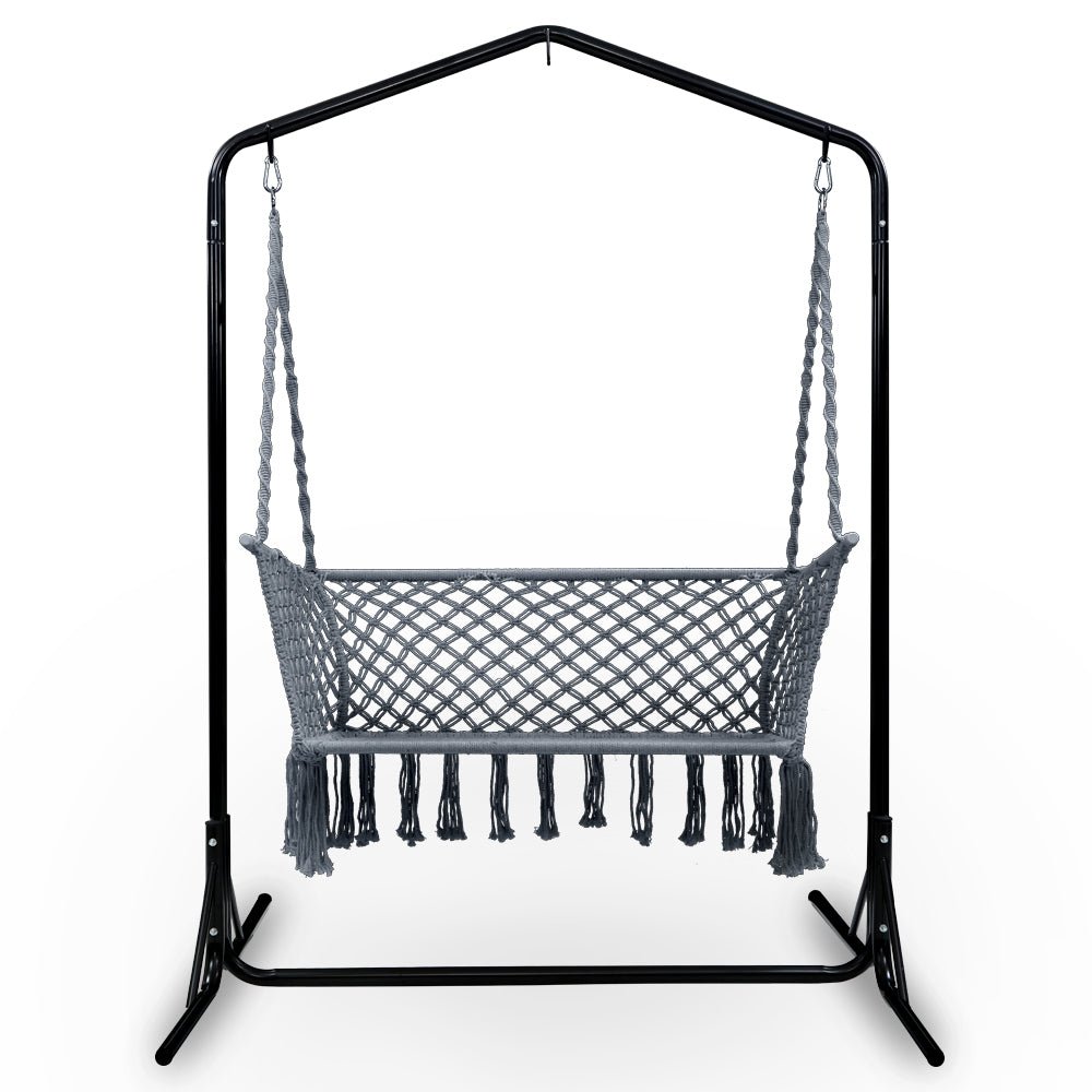 Macrame Hammock Chair with Stand - 2 Seater Outdoor Hanging Swing for Garden, Patio, or Balcony - Comfortable Grey Hammock for Relaxing and Lounging