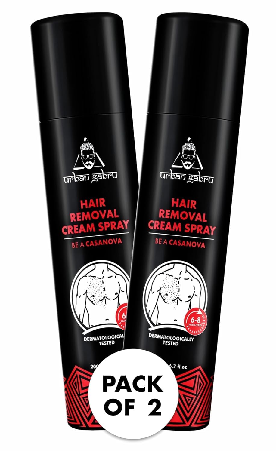Urban Gabr Men's Hair Removal Cream Spray - 200ml x 2 Pack | Painless Body Hair Removal for Chest, Back, Legs & Underarms | Fast-Acting Formula for Smooth Skin | Perfect for Grooming, Swimming & Summer Activities