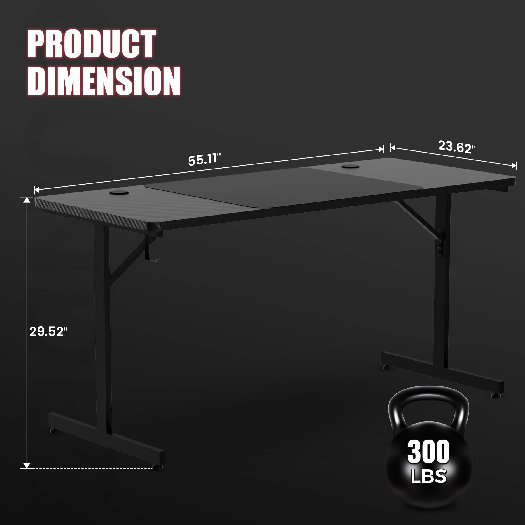GTRACING 55 Inch Gaming Desk with LED Lights - Large Computer Desk with Mouse Pad, Carbon Fiber Surface, Headphone Hook - Perfect for Home Office & PC Gaming Workstations (Black)