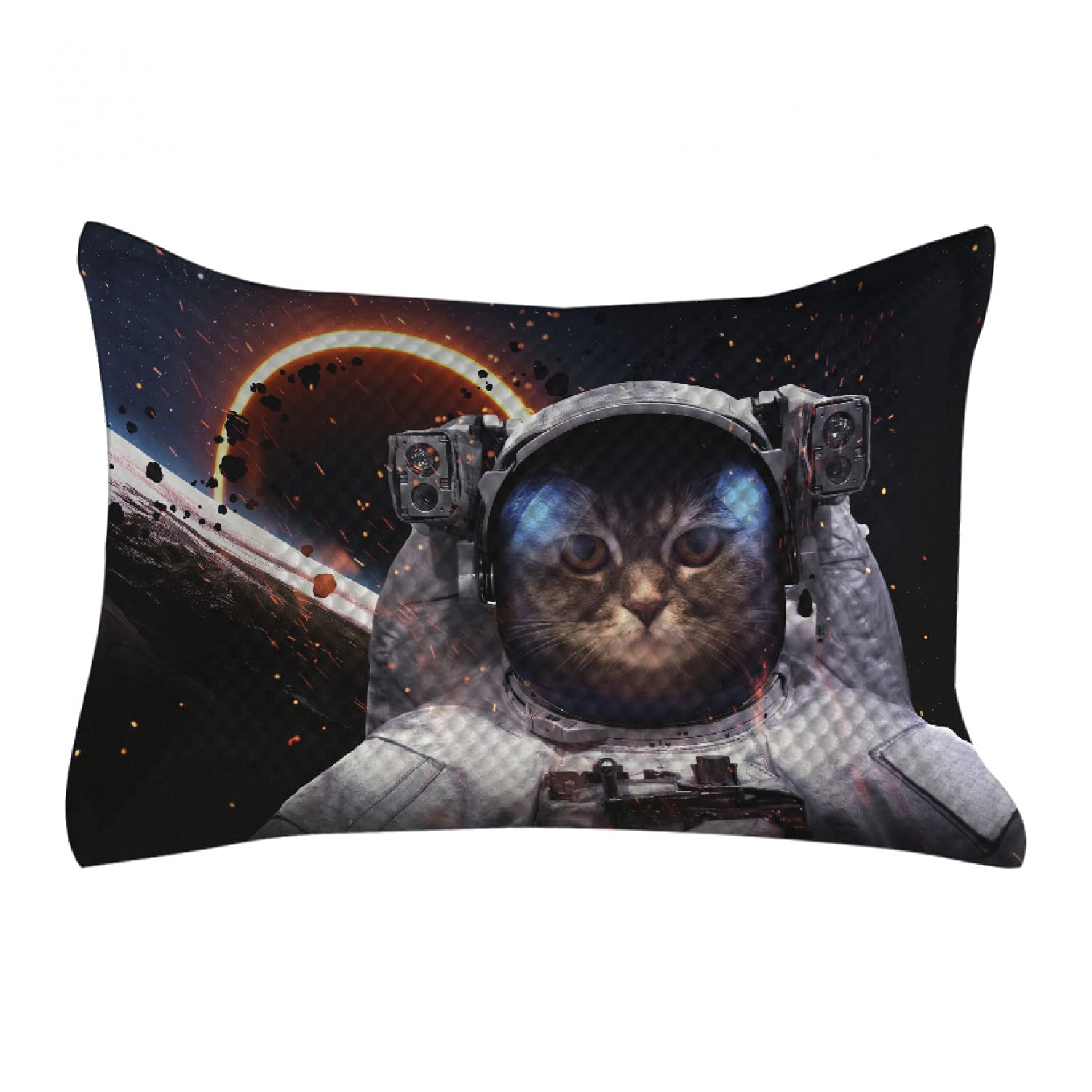 Ambesonne Space Cat Quilted Pillow Cover - Astronaut in Comet Galaxy Outer Space Print - Standard King Size 36x20 Inches - Dark Blue & White Decorative Pillowcase for Bedroom, Living Room, Sofa - Perfect for Home Decor, Gift, and Space Theme Lovers
