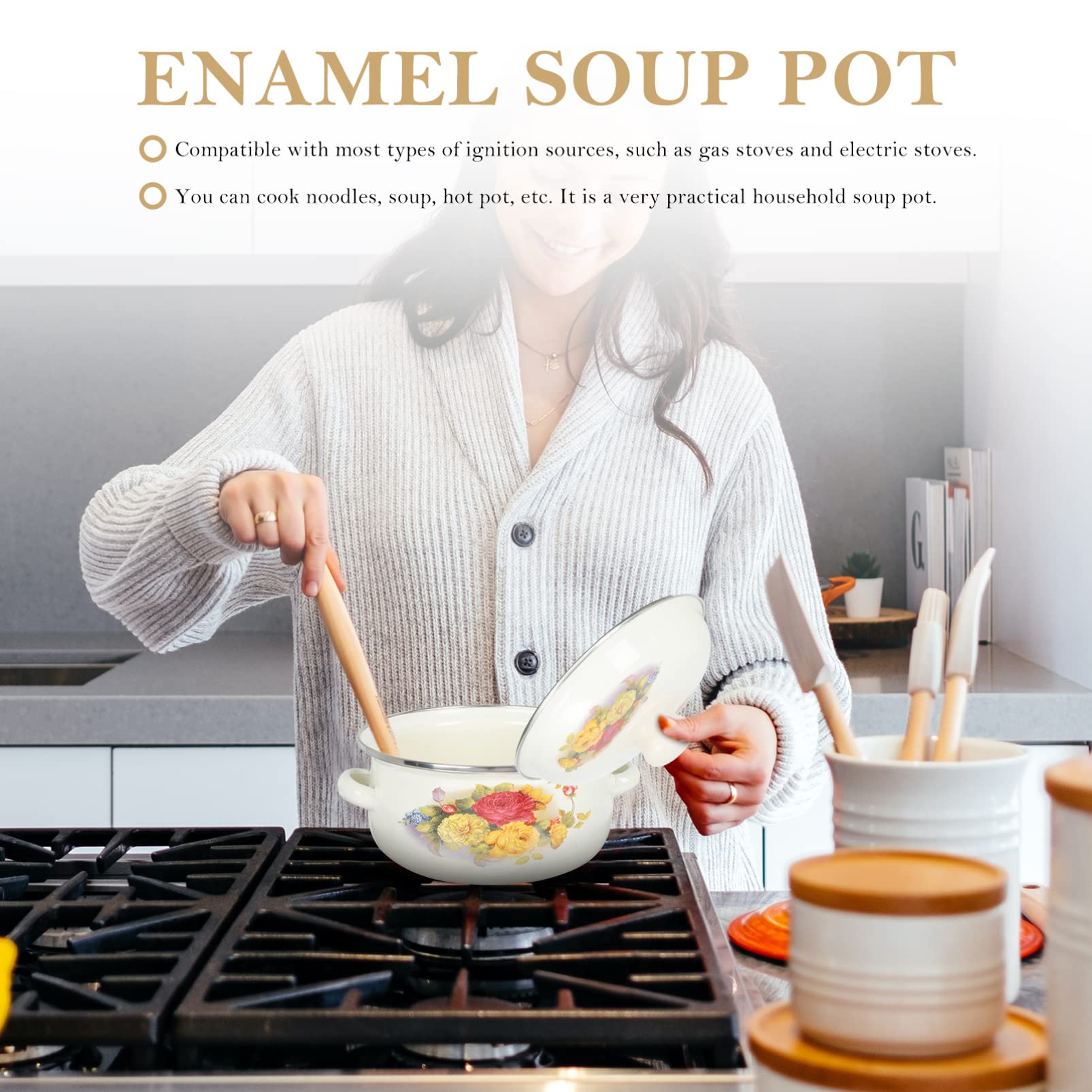 Premium Enamel Double Ear Soup Pot - 5QT Enamel Cooking Pot with Lid, Multi-Functional Stew Pot for Home Kitchen, Perfect for Soups, Stews & Slow Cooking - Durable Flat Bottom Stockpot for Gas & Induction Stoves