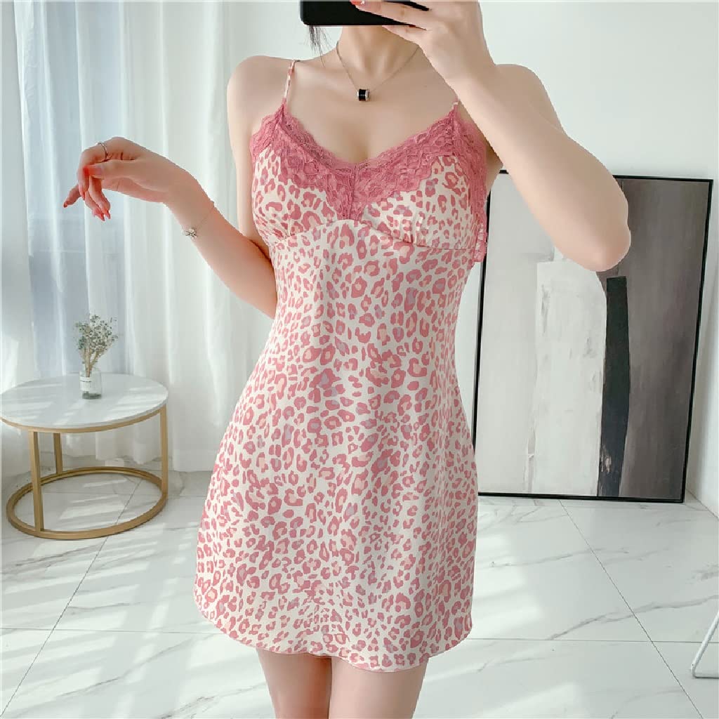 Sexy Leopard Print Lace Night Dress for Women - Knee-Length Suspender Nightgown, Ice Silk Sleepwear, Comfortable & Breathable (Color: A, Size: L) - Perfect for Romantic Evenings, Sleepwear & Loungewear