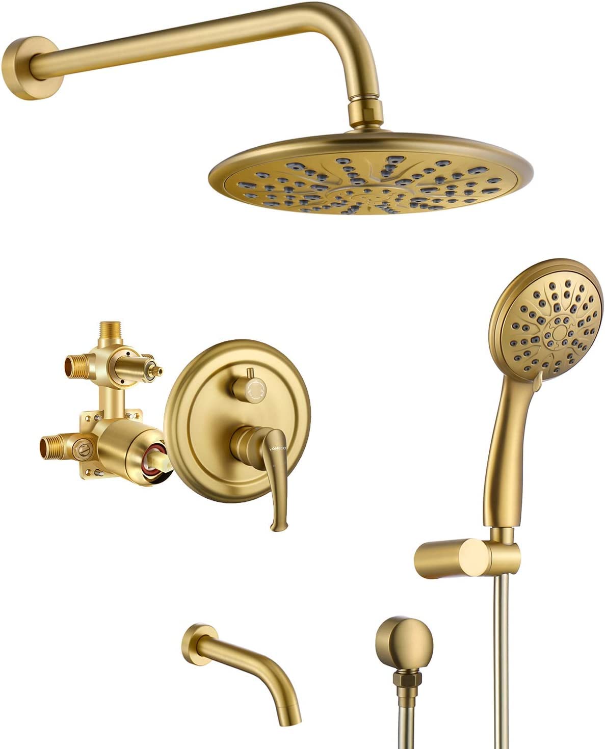 HomGoo Brushed Gold Wall Mounted Shower System - High Pressure Rainfall Shower Head & Handheld Shower with Tub Spout - Perfect for Bathroom Renovation & Spa-Like Shower Experience