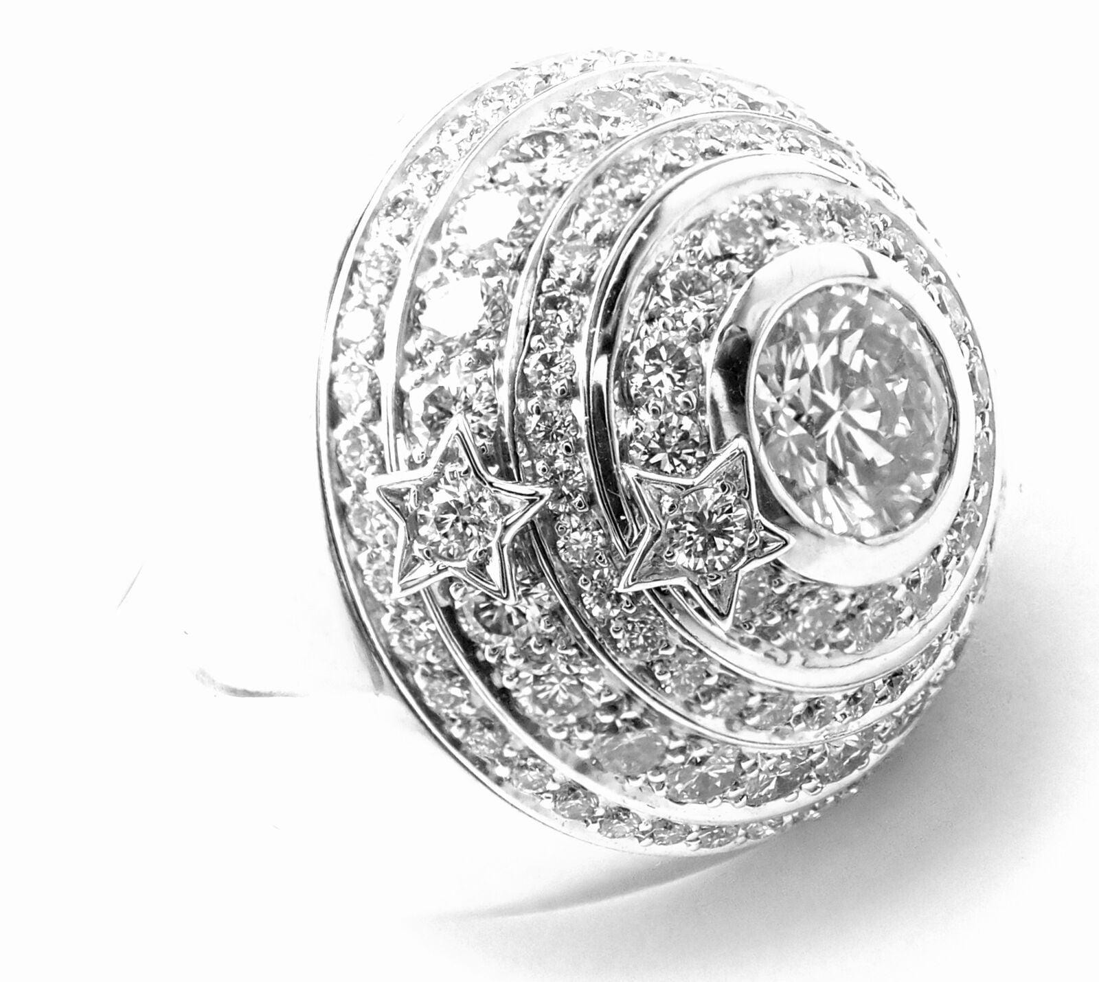 Authentic Chanel Comete Star 18k White Gold Diamond Large Spinning Dome Ring for Women - Luxury Jewelry Gift for Anniversary, Birthday & Special Occasions