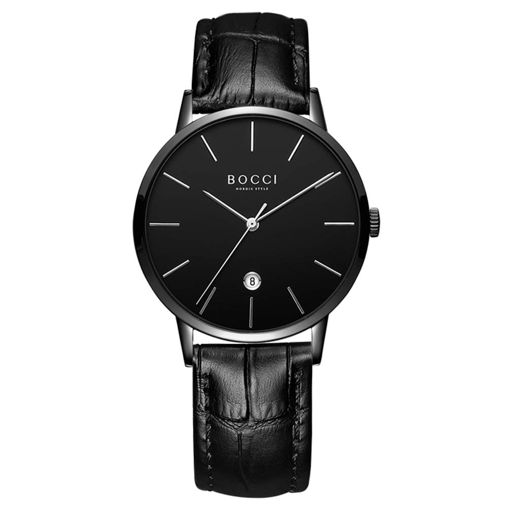BOCCI Genuine Leather Men's Quartz Watch - Minimalist Date Display Fashion Casual Wristwatch for Business & Everyday Wear (Black) | Perfect for Office, Dating & Formal Occasions