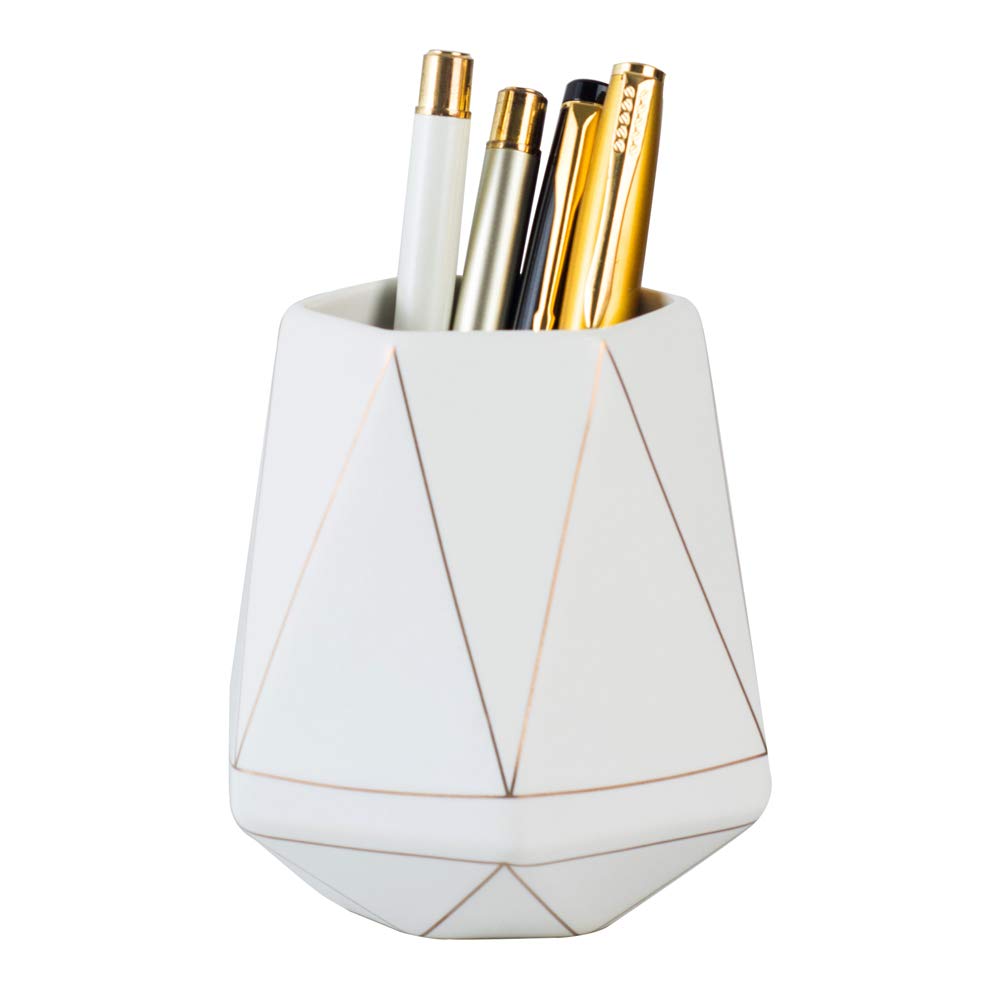 Elegant White Ceramic Pen Holder with Gold Line - Stylish Desk Organizer for Pens, Pencils & Makeup Brushes | Perfect for Office, Study & Vanity Decor