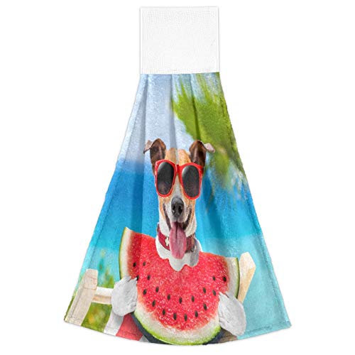 2 Pack Summer Dog Puppy Hand Towels - Soft Absorbent Microfiber Kitchen & Bath Towels with Hanging Loop, Watermelon Beach Design for Bathroom, Laundry, Farmhouse - Perfect for Pets, Beach Trips & Home Decor