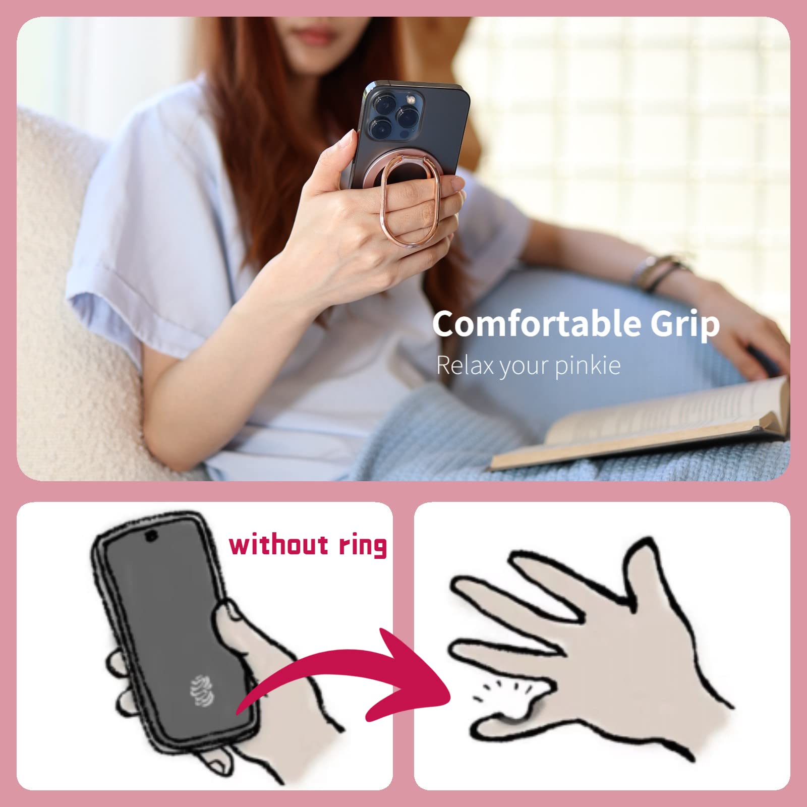 MINDSKY Magnetic Phone Stand & Grip - Compatible with iPhone 12/13/14/15 Mini/Pro/Pro Max, Removable Mag-Safe Ring Holder with Strong Magnet (Rose Gold Pink) - Perfect for Hands-Free Viewing, Gaming, and Video Calls
