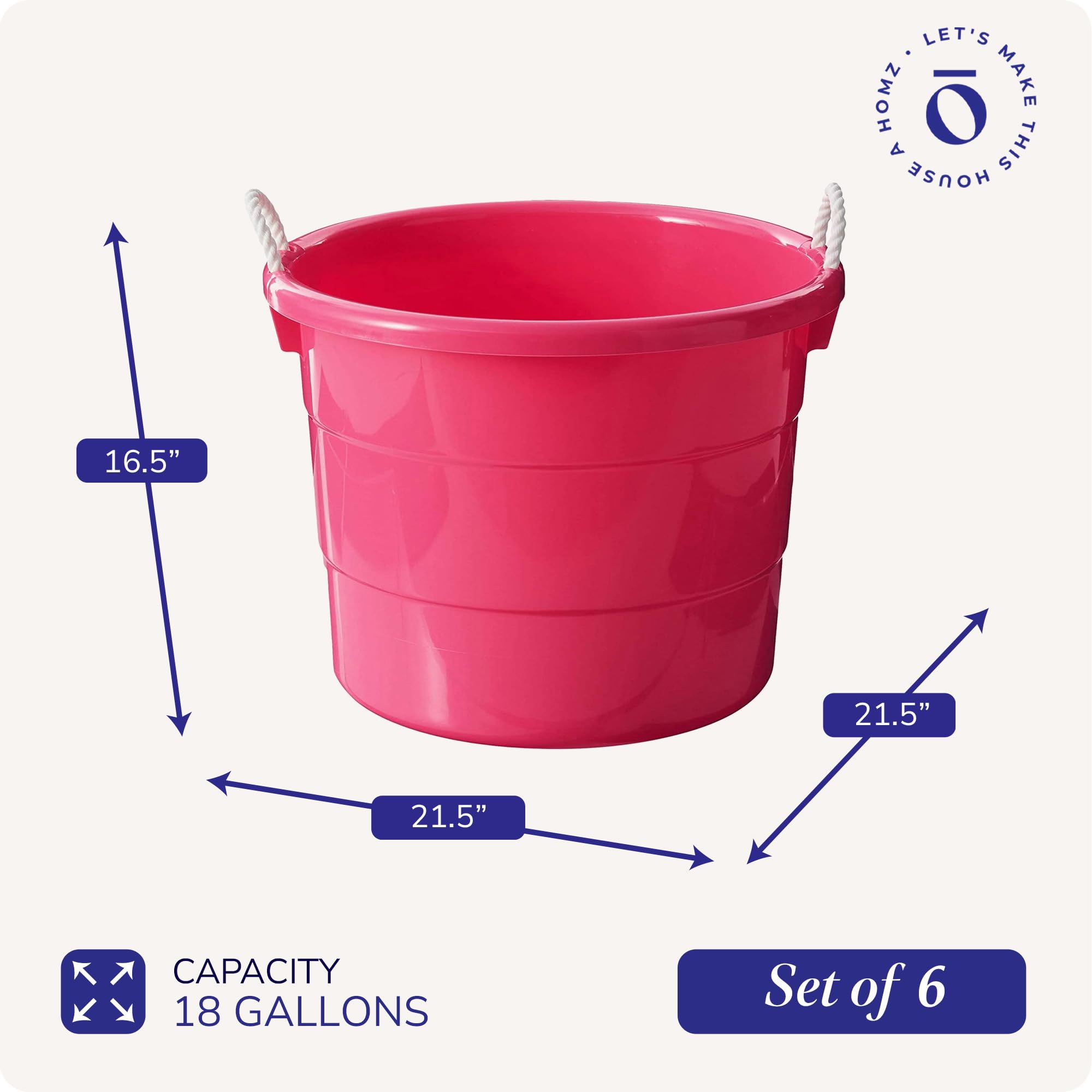 HOMZ 6-Pack 18 Gallon Large Plastic Storage Buckets with Rope Handles - Utility Tubs for Organizing, Cleaning & DIY Projects - Pink (Ideal for Home, Garage, Garden & Workshop Use)