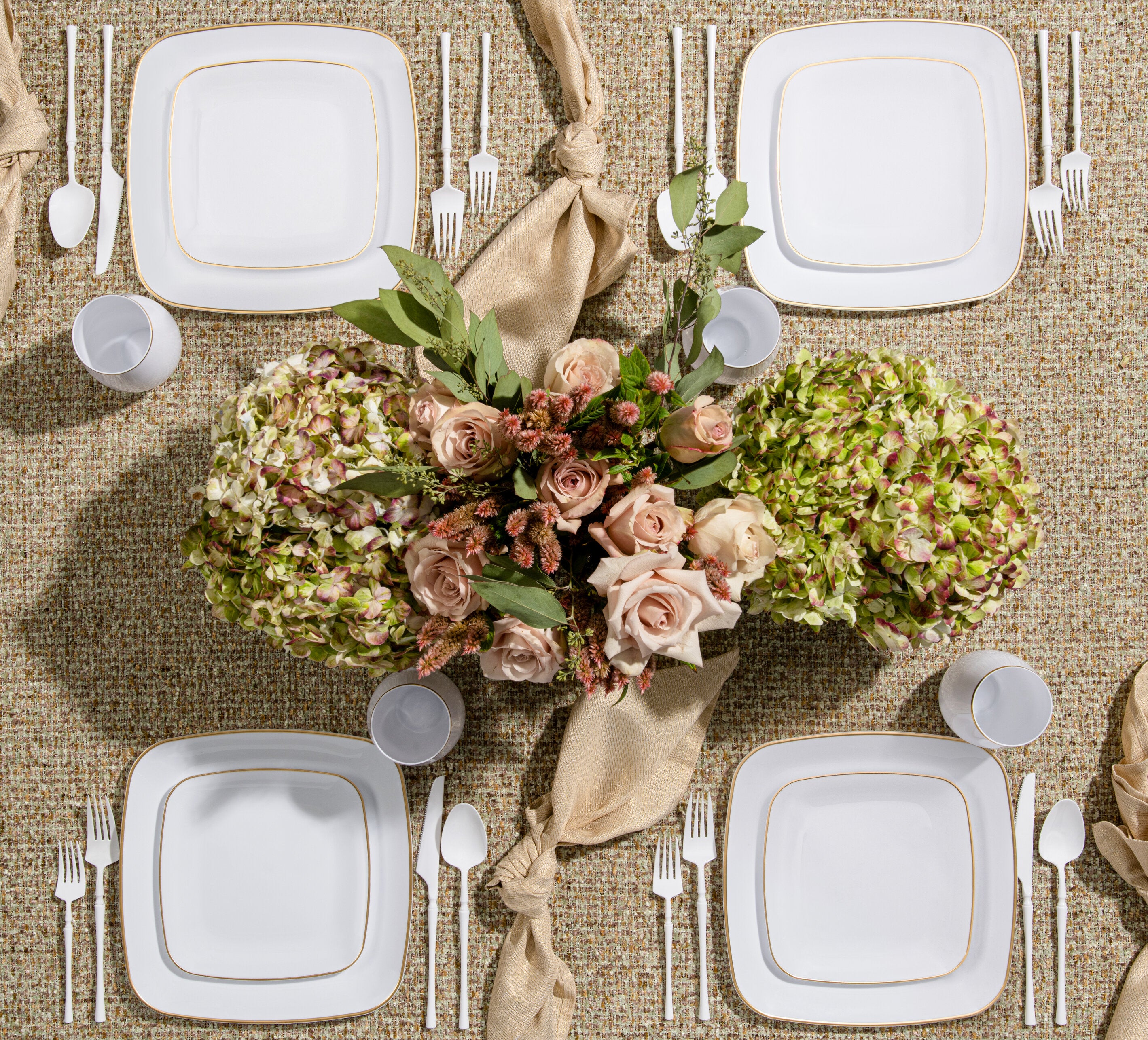 White and Gold Plastic Party Bundle - Classic Square Disposable Plates, Cups & Cutlery Set for Birthday, Wedding & Holiday Celebrations