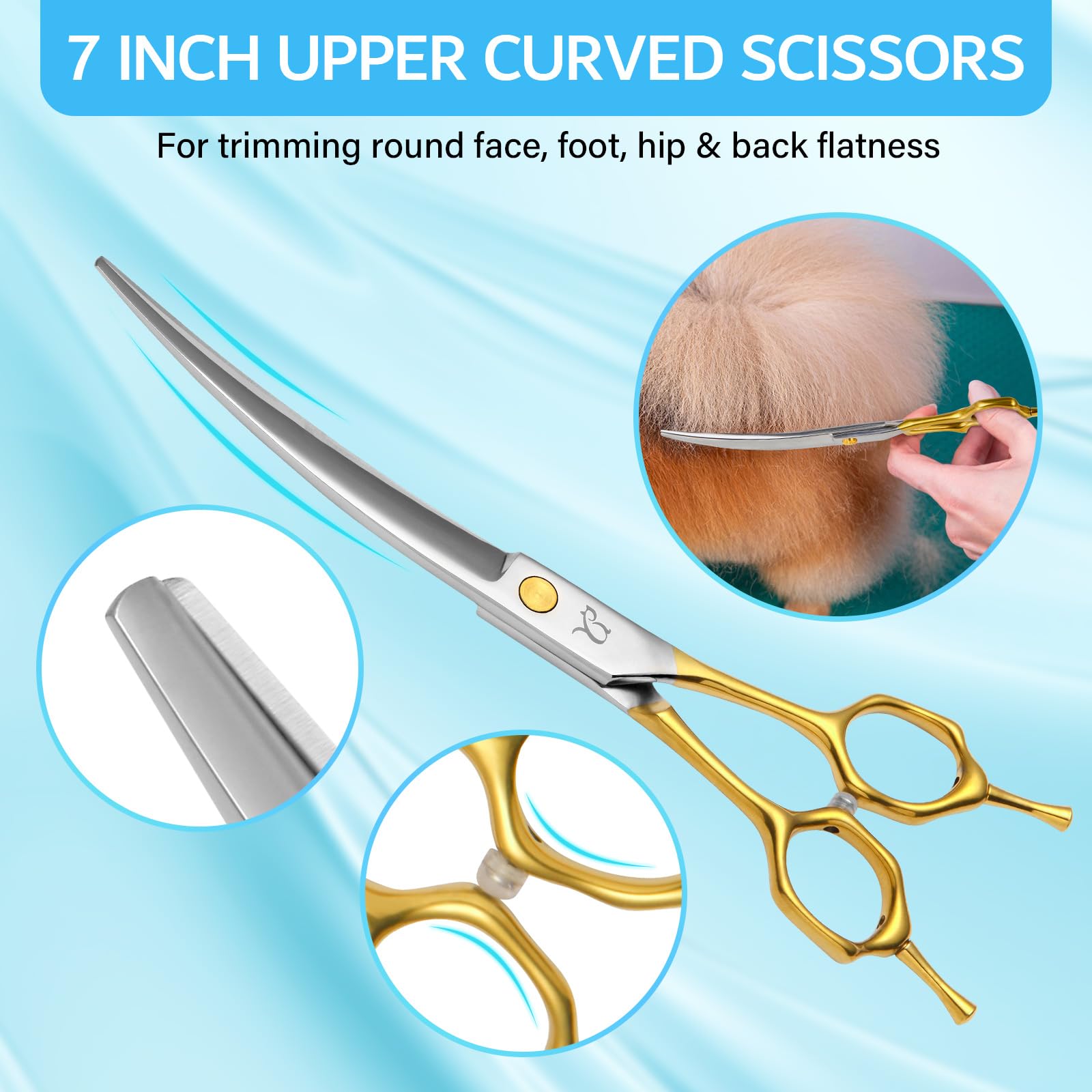 Professional Dog Grooming Scissors Set - 4 in 1 Curved & Thinning Shears with Safety Round Tips for Safe & Precise Pet Hair Cutting - Perfect for Home Grooming, Professional Styling & Dog Show Preparation