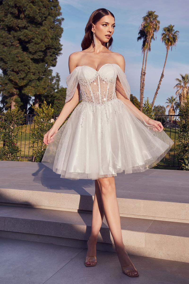 Olivia Mini Dress - Off The Shoulder Embellished A-Line Short Dress for Women | Perfect for Parties, Date Nights & Summer Outings