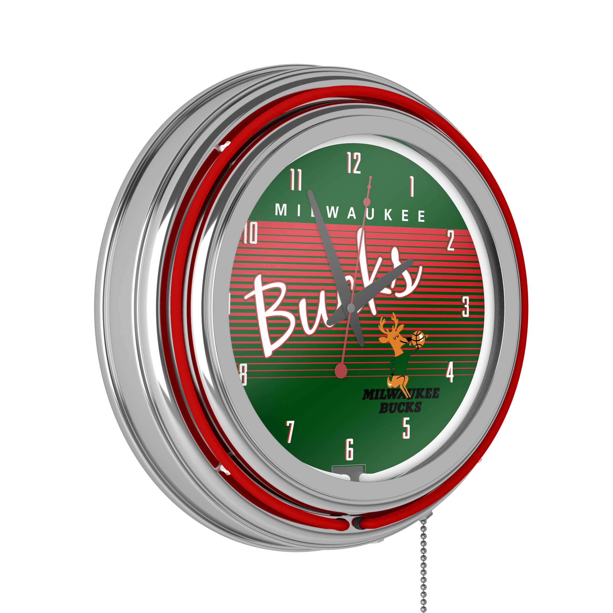 Milwaukee Bucks Hardwood Classics NBA Chrome Neon Clock - Stylish LED Wall Clock for Home, Office, and Game Room Decor