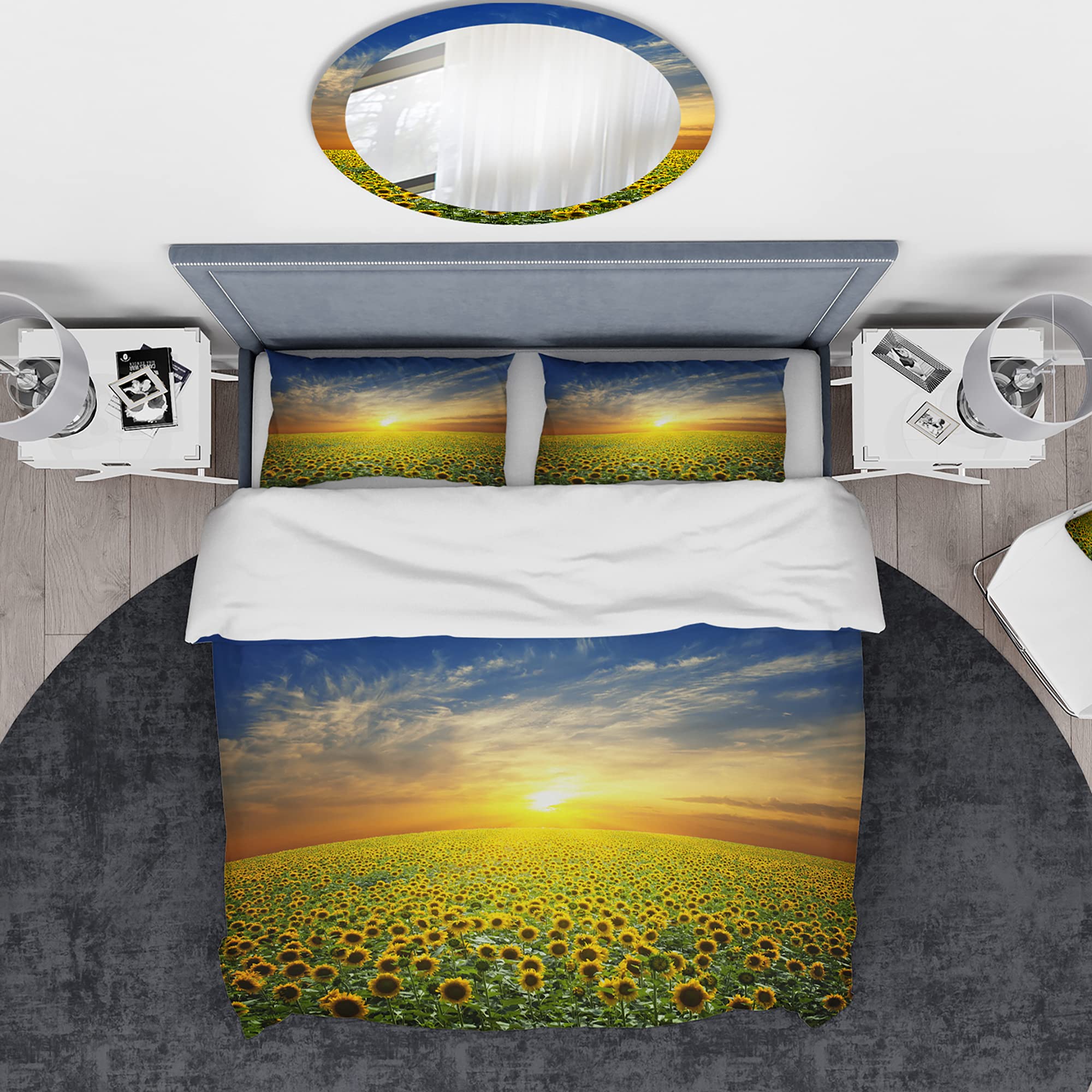 Sunflower Field Sunset Duvet Cover Set Queen - Yellow Floral Bedding 3-Piece All Season Coastal Decor for Beach House & Boho Bedroom
