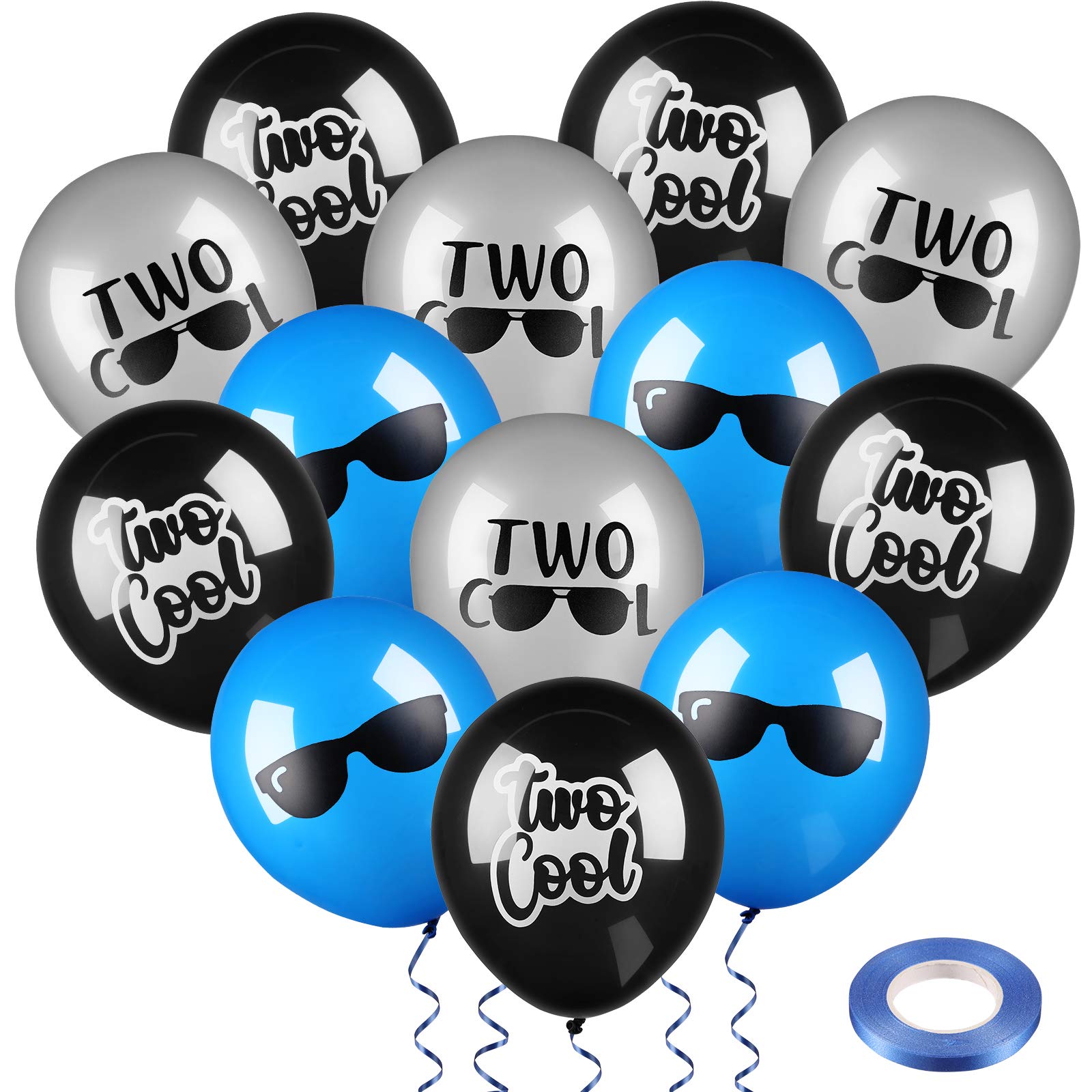 30-Pack Two Cool Party Supplies - Latex Balloons, Sunglasses Balloons in Black, Silver & Blue with 10m Dark Blue Ribbon - Perfect for 2nd Birthday Boy Party Decorations & Themed Celebrations