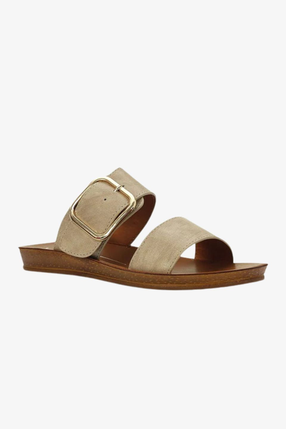 Doti Taupe Buckle Slide Sandals - Comfortable Casual Women's Summer Shoes for Beach, Vacation & Everyday Wear