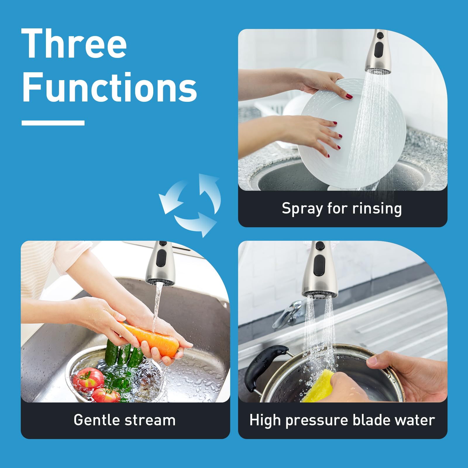 Replacement Kitchen Faucet Head - 3 Spray, Brushed Nickel for Pull Out Sink Faucets - Perfect for Home Kitchen Upgrade