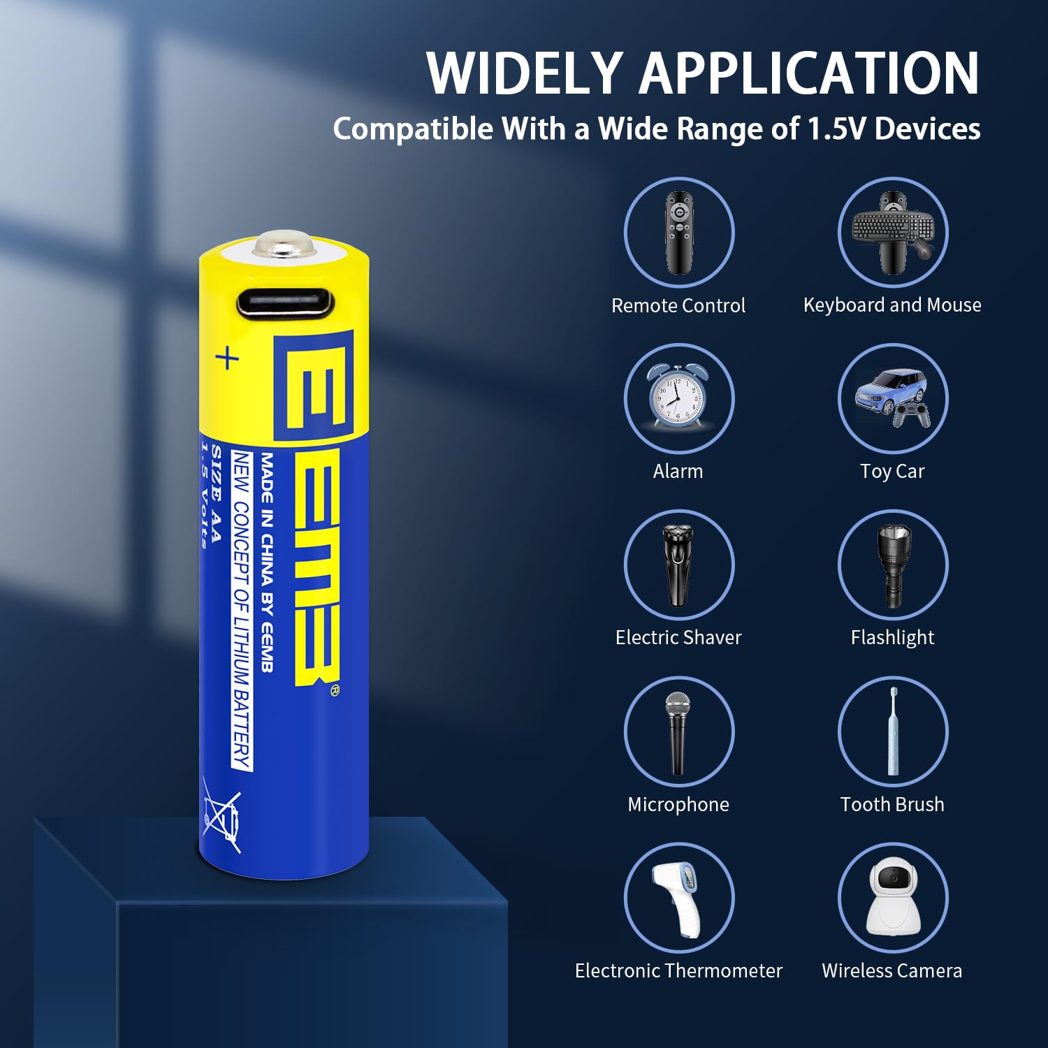 EEMB 8-Pack AA Rechargeable Lithium Batteries 1.5V 2600mWh with USB Type-C & 4-in-1 Charging Cable - Long-Lasting Power for Flashlights, Toys, Cameras, and Electronic Devices