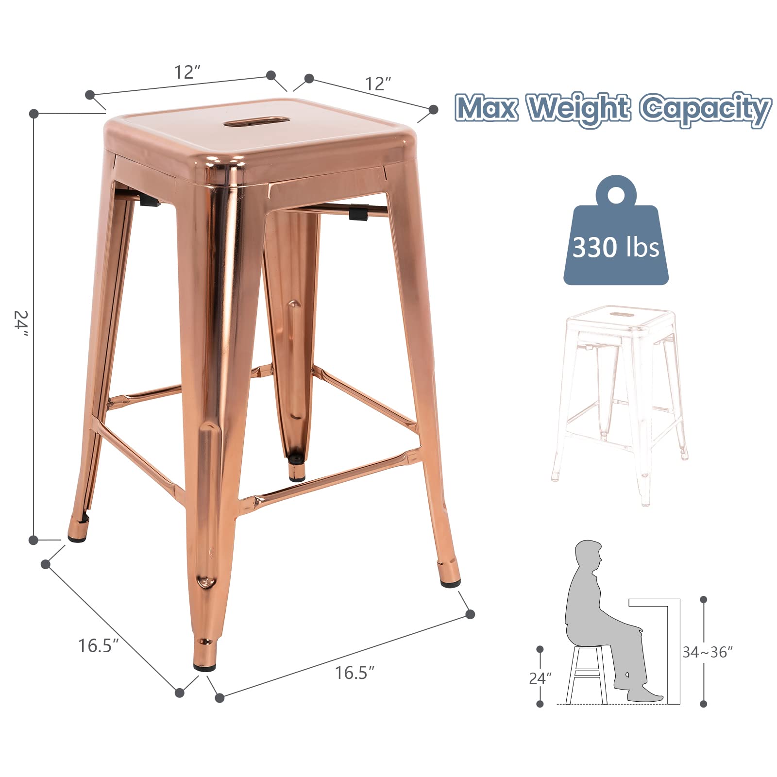 24 Inch Metal Bar Stools Set of 4 - Counter Height Backless Bar Chairs for Kitchen, Dining & Patio - Indoor/Outdoor Use - Modern Rose Gold Stools for Home & Commercial Spaces