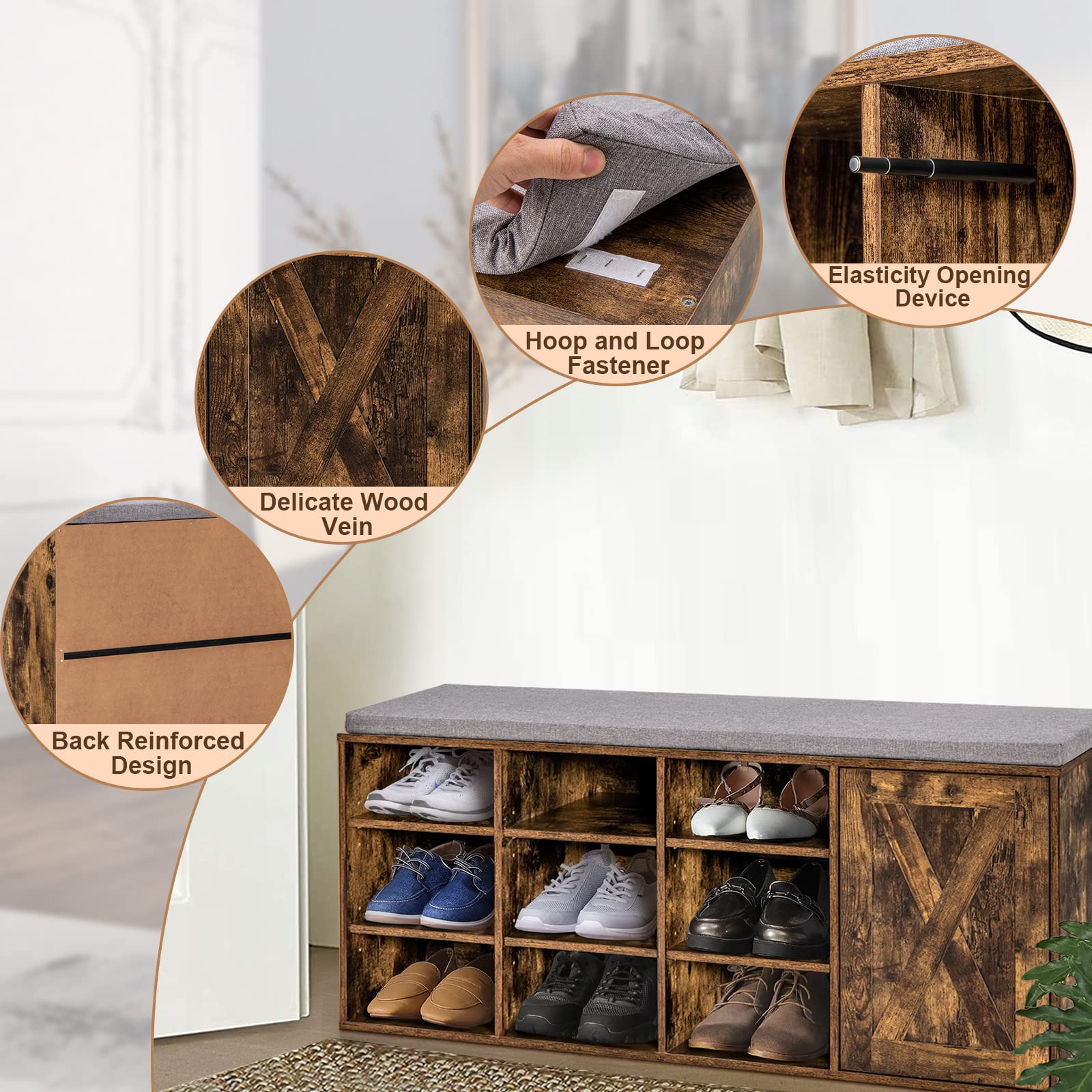 Giantex 9-Cube Shoe Storage Bench with Adjustable Shelves & Removable Cushion - 3-Tier Entryway Organizer for Shoes, Hats & Accessories - Rustic Brown Cabinet for Hallway, Living Room & Bedroom Storage Solution