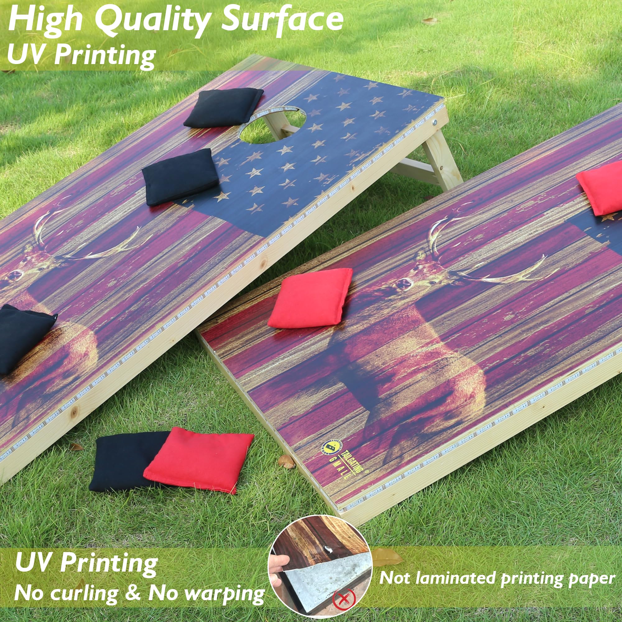 4FTx2FT LED Cornhole Board Set - Solid Wood Regulation Size Cornhole Game with LED Lights & 8 Bean Bags (USA Flag & Deer Design) - Perfect for Backyard Parties, Tailgating, and Outdoor Family Fun