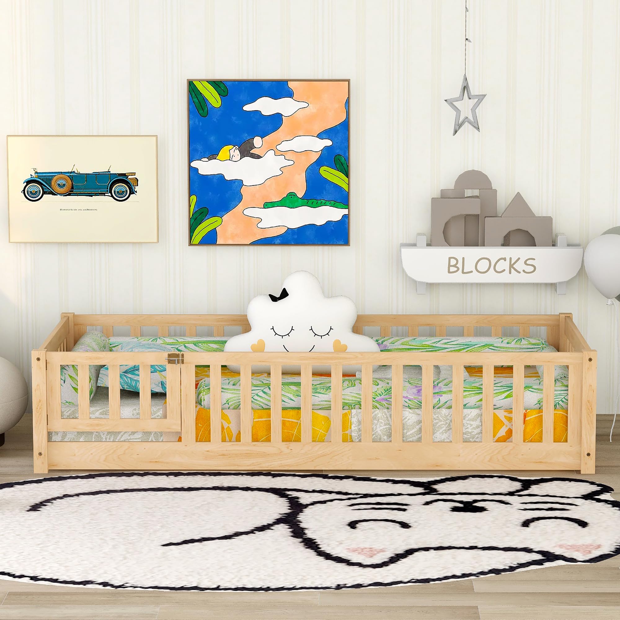 Montessori Twin Size Floor Bed for Kids - Solid Wood Frame with Safety Guardrails, Slats & Door - Natural Wood Toddler Bed for Boys & Girls - Perfect for Montessori Bedrooms, Daycare & Safe Sleep Training