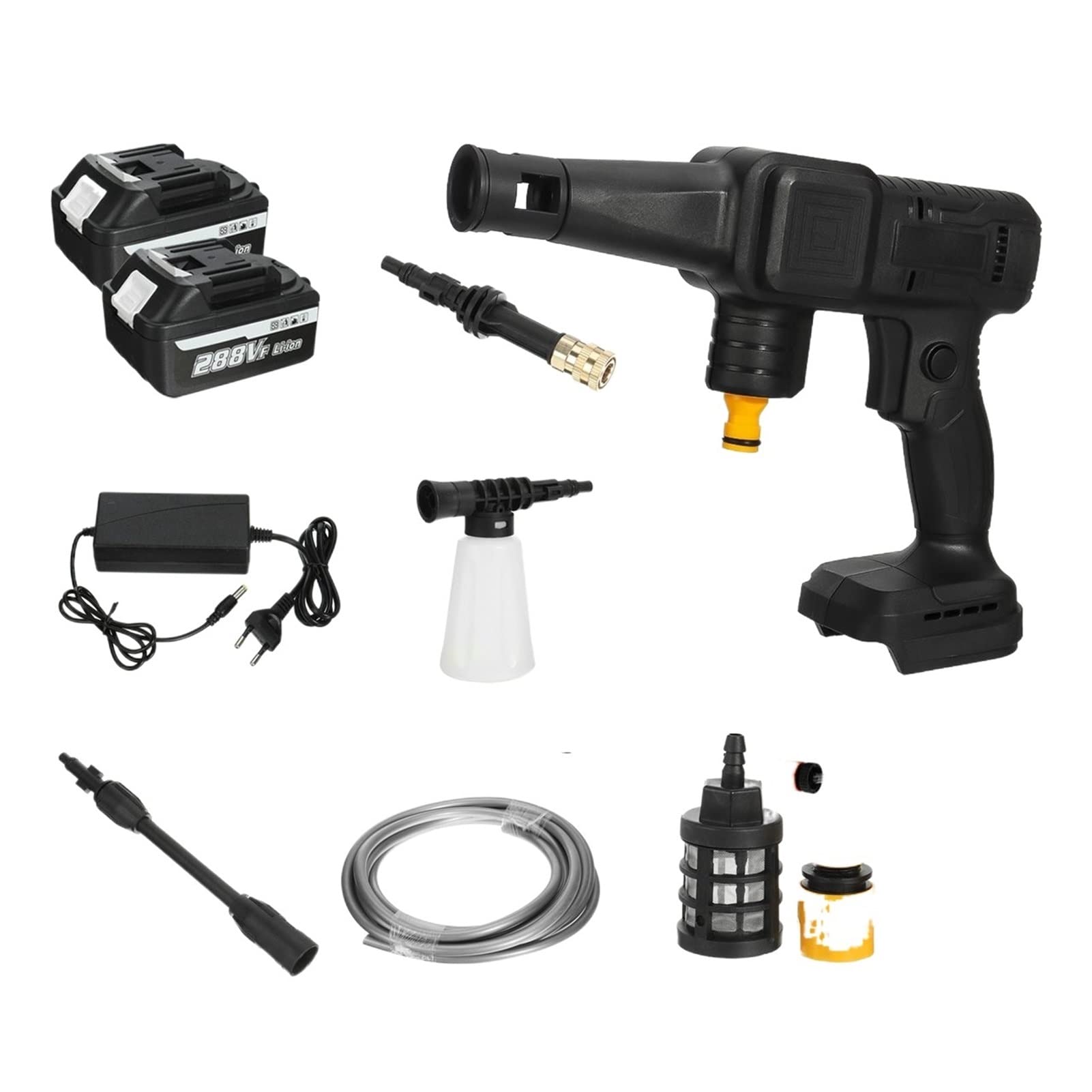 YKLL 288VF 1500W Cordless High Pressure Car Washer - Rechargeable Electric Water Gun with Foam Cannon for Makita 18V Battery - Perfect for Car Washing, Home Cleaning, and Outdoor Vehicle Maintenance (Black with 2 Batteries)