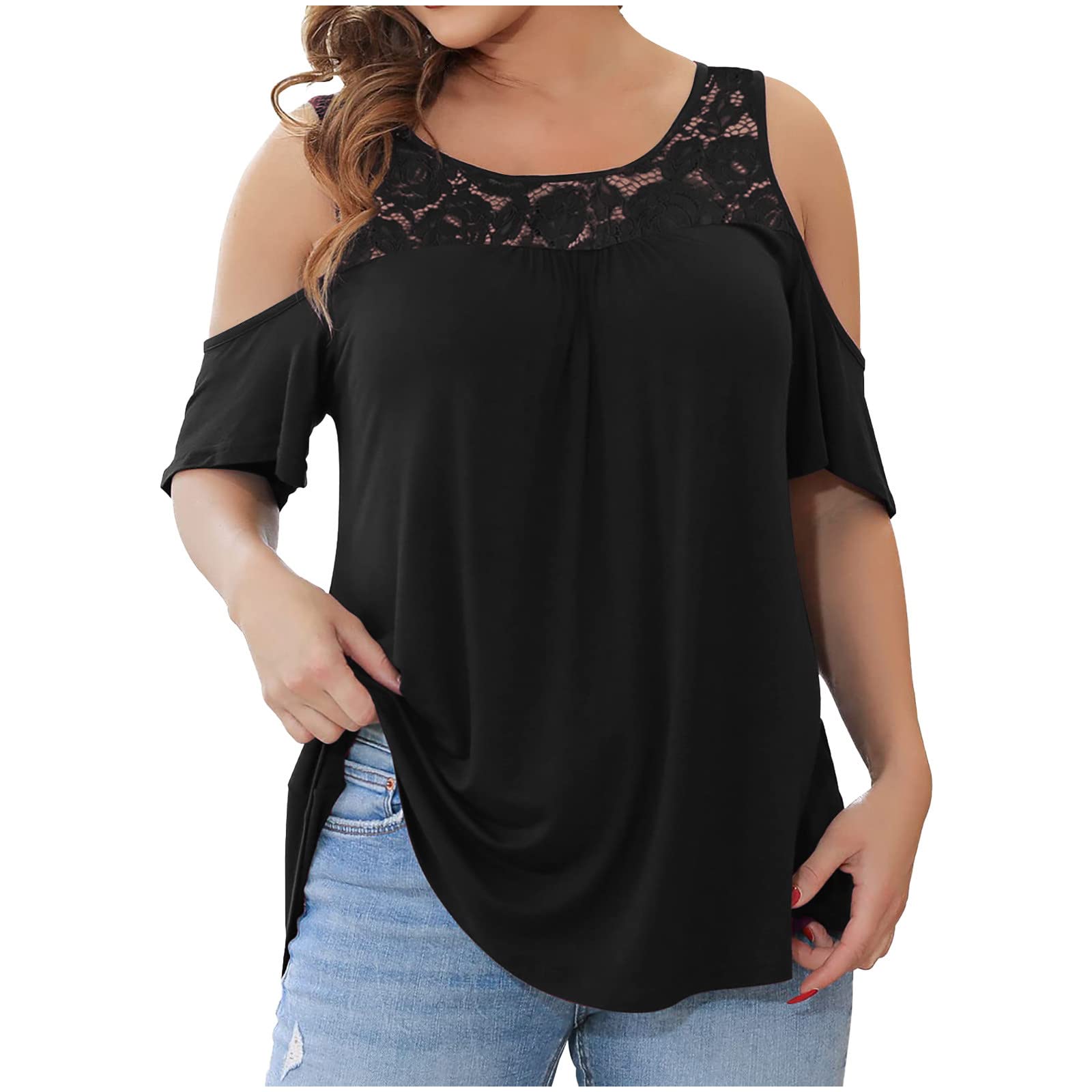 Plus Size Summer Tops for Women - Elegant Casual Lace Cold Shoulder Tunic Blouses & Loose Short Sleeve Shirts | Perfect for Beach Outings, Date Nights & Summer Vacations