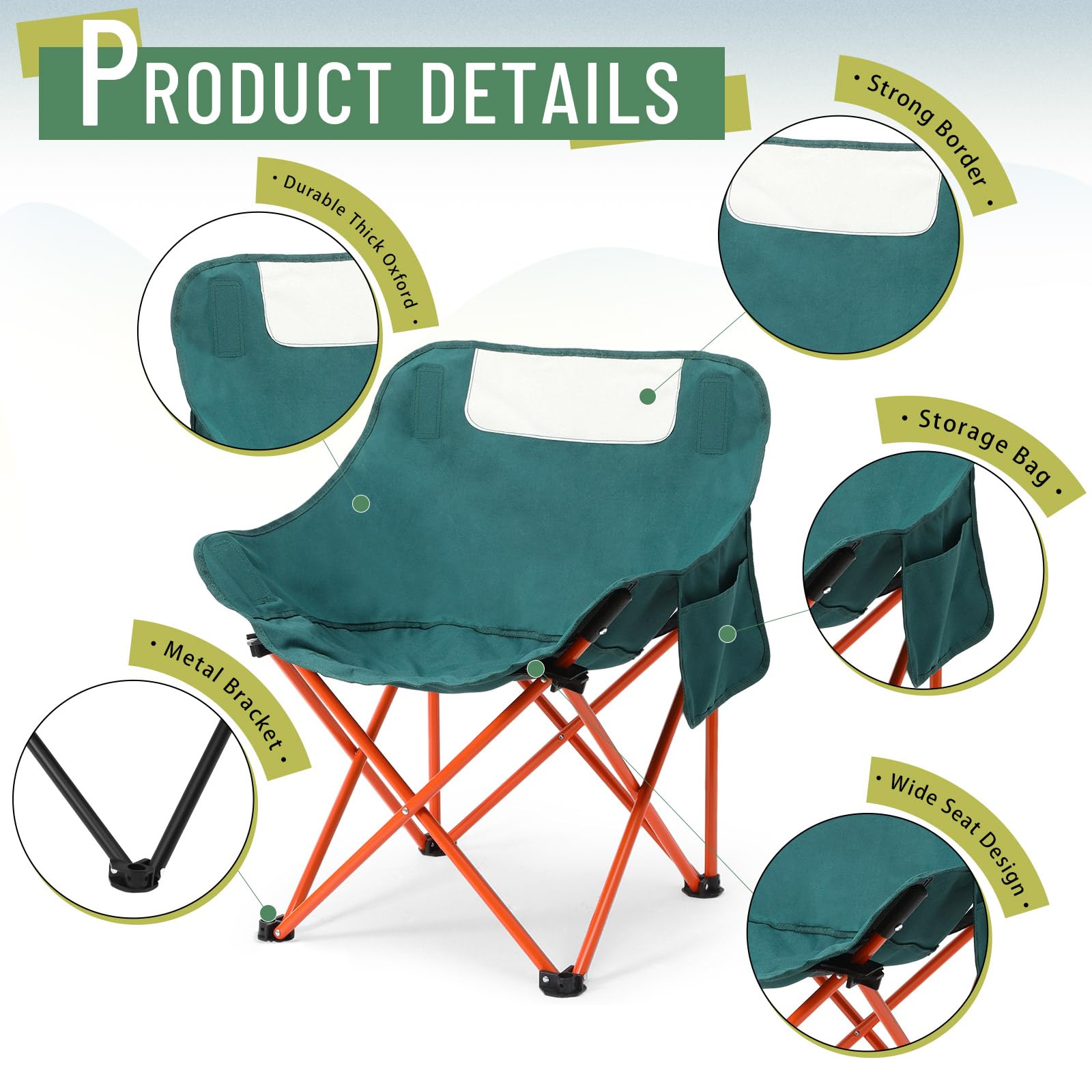 2 Pack Lightweight Portable Folding Camping Chairs - 600D Oxford Fabric, Supports 330lbs - Compact Moon Chairs with Carry Bag for Outdoor Travel, Picnic, Hiking, Beach & Fishing (Green) - Perfect for Backyard BBQs, Camping Trips, Sports Events and Beach Relaxation