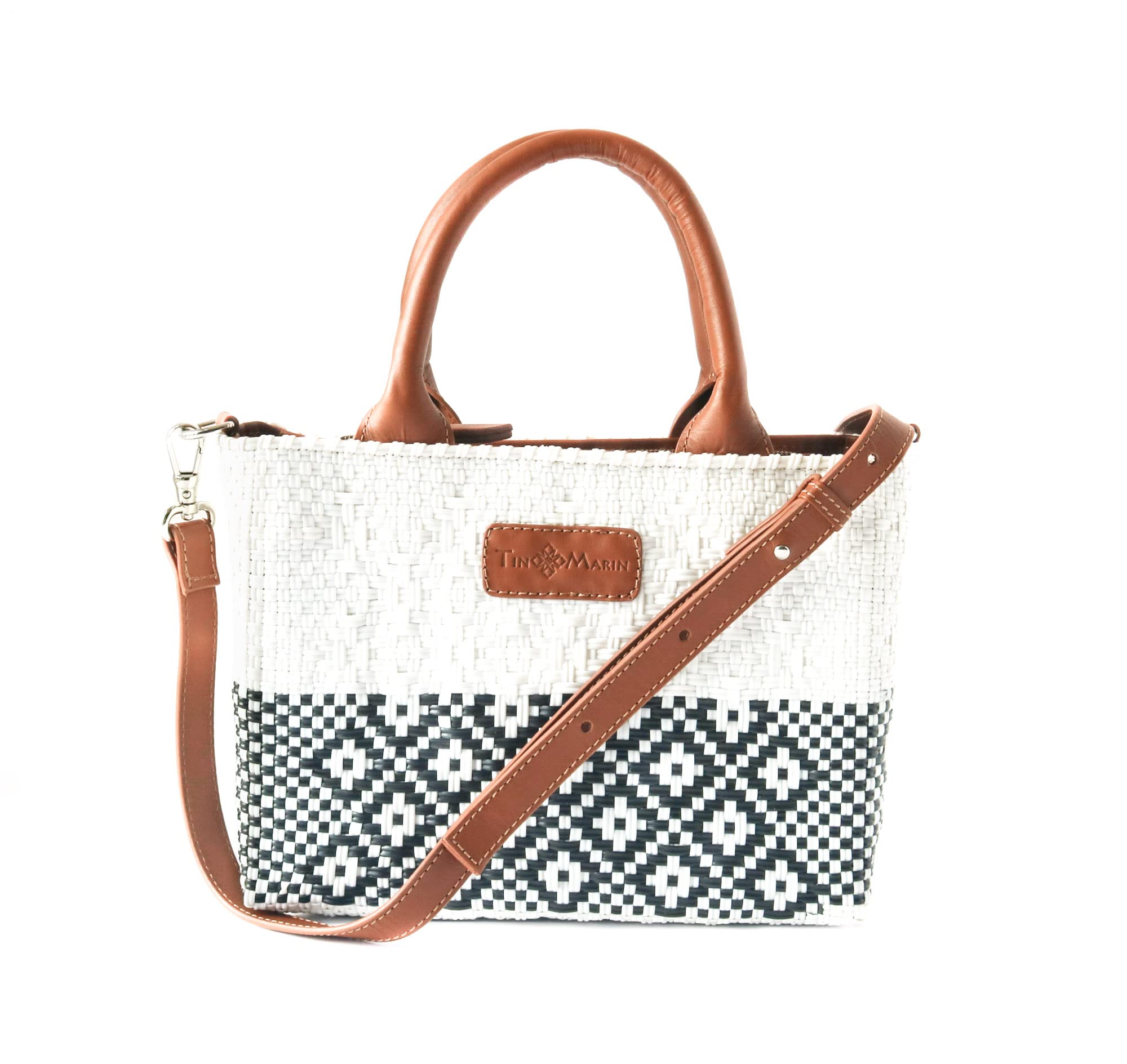 Eco-Friendly Small Woven Crossbody Bag with Tan Leather Handles - Adjustable Strap & Secure Zipper Closure | Handcrafted Mexican Recycled Plastic Purse | Perfect for Summer Travel, Beach Outings & Daily Use