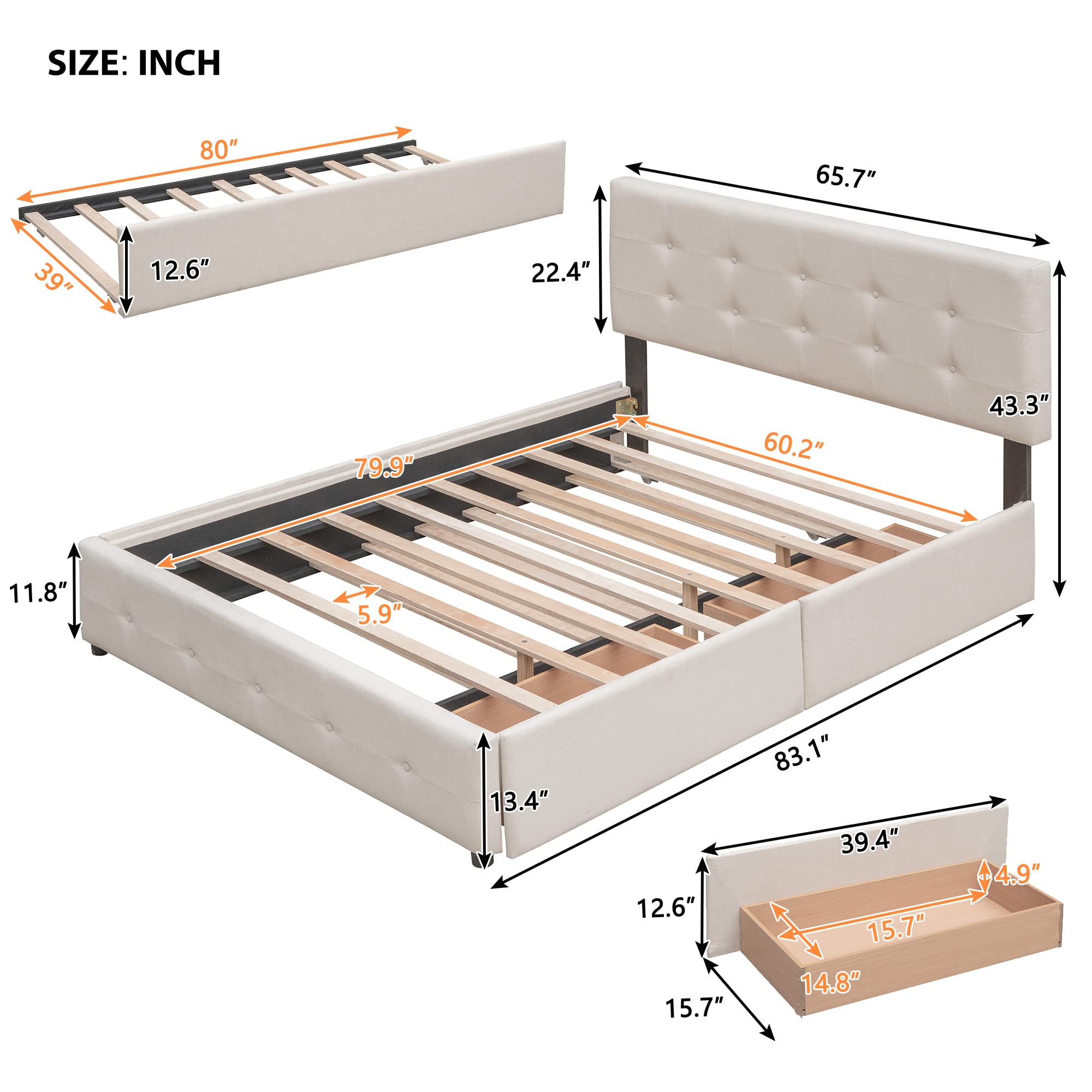 Queen Size Upholstered Platform Bed with Storage Drawers & Twin XL Trundle - Wooden Frame, Button Tufted Headboard in Beige - Perfect for Small Bedrooms, Guest Rooms & Space-Saving Solutions