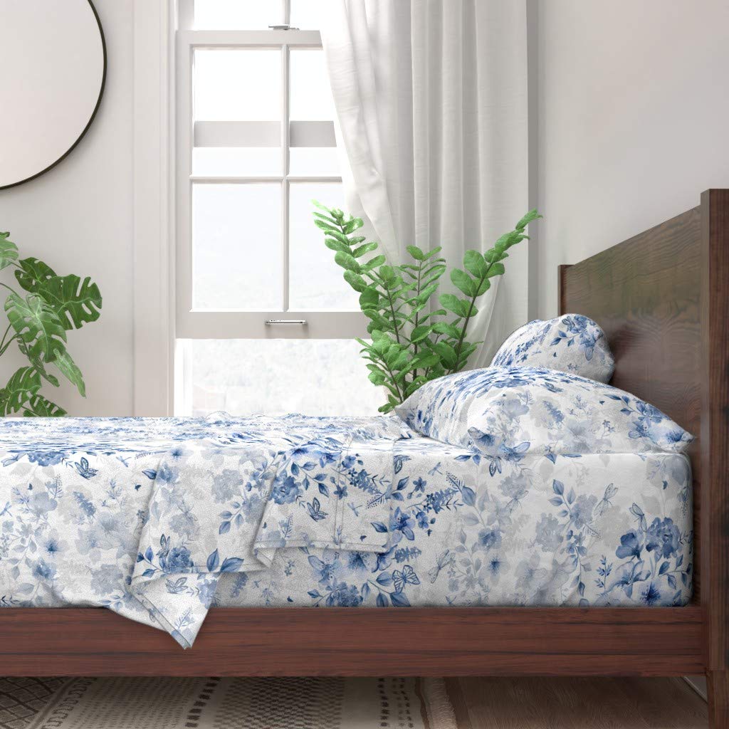 Spoonflower 100% Cotton Twin 3-Piece Sheet Set - Summer Chinoiserie Floral Print with Leaves & Butterflies in Indigo Blue & White | Custom Bedding for Cozy Home Decor & Guest Room Styling