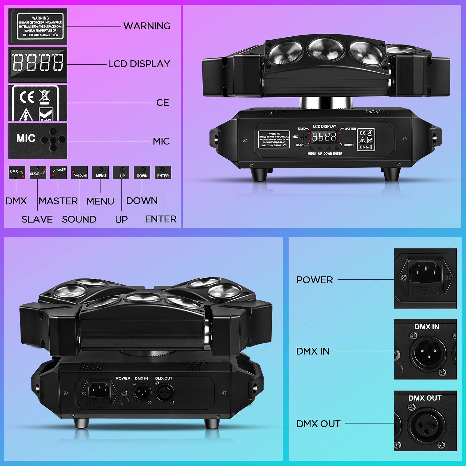 U`King 9 LED Spider Moving Head Lights - 10W RGB Stage Lighting with DMX-512 & Sound Activation (12/19 Channels) | Perfect for Wedding, Disco, Club, and DJ Party Lighting Effects
