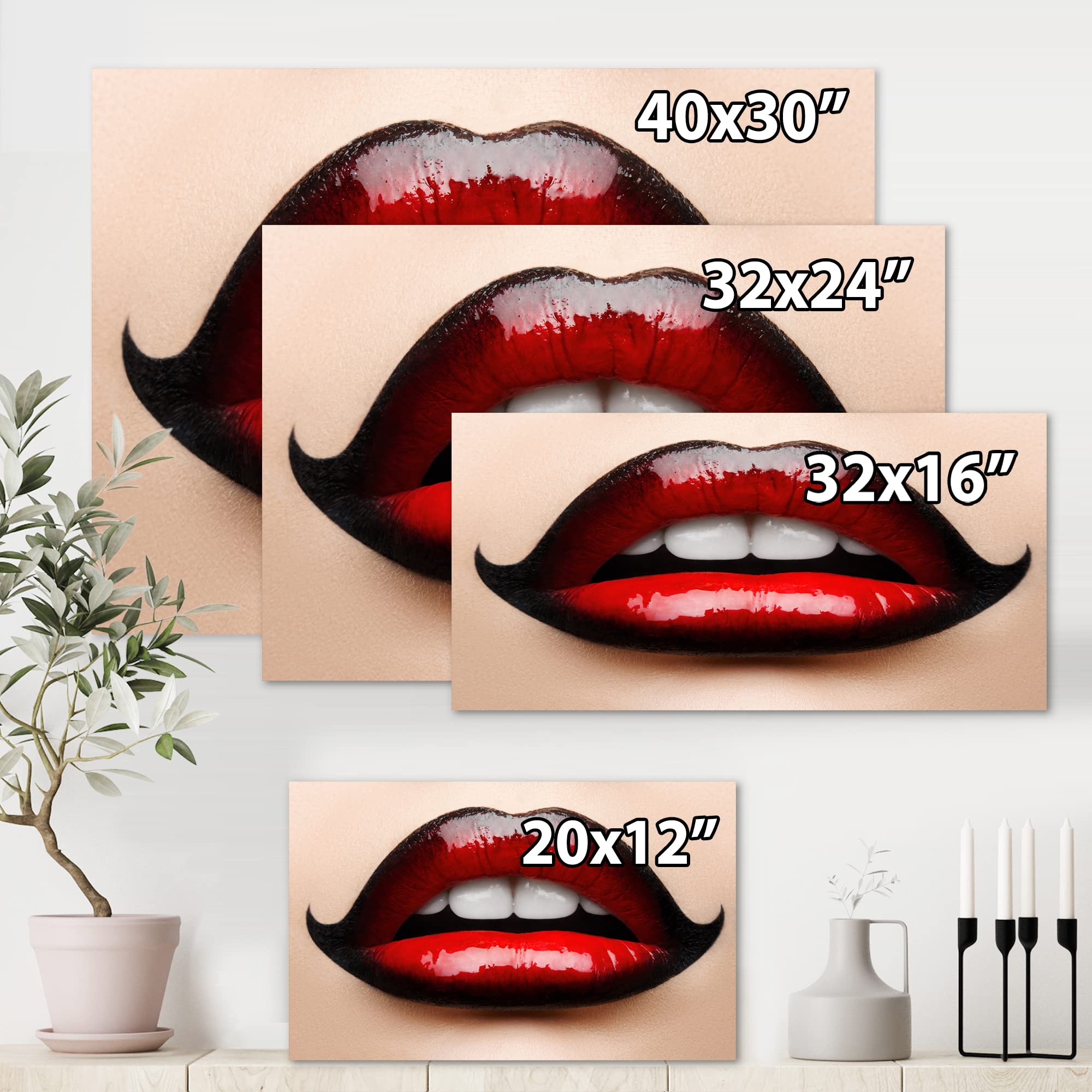 DesignQ Modern Canvas Wall Art - Red and Black Lipstick Female Lips Painting for Living Room, Bedroom & Office Decor