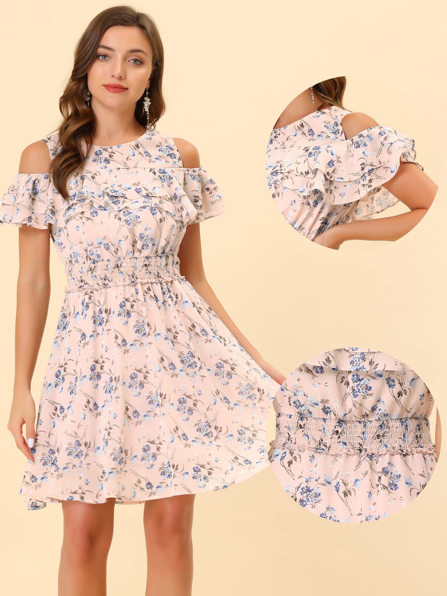 Allegra K Women's Summer Floral Chiffon Cold Shoulder Mini Dress with Smocked Waist - Perfect for Beach Vacations, Date Nights & Summer Parties