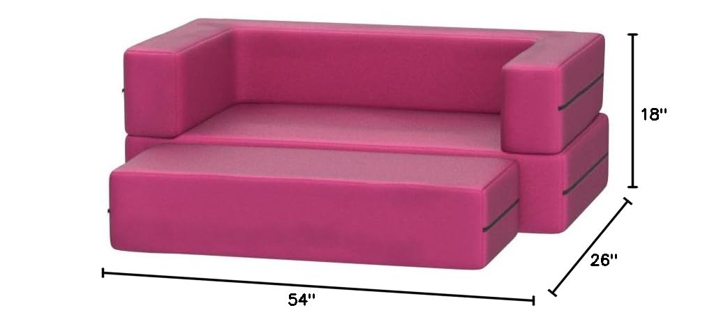 Jaxx Zipline 3-in-1 Fold Out Sofa with Large Ottoman - Big Kids Edition in Fuchsia (Model 17454) | Convertible Sleeper Sofa for Playrooms, Dorm Rooms & Small Spaces